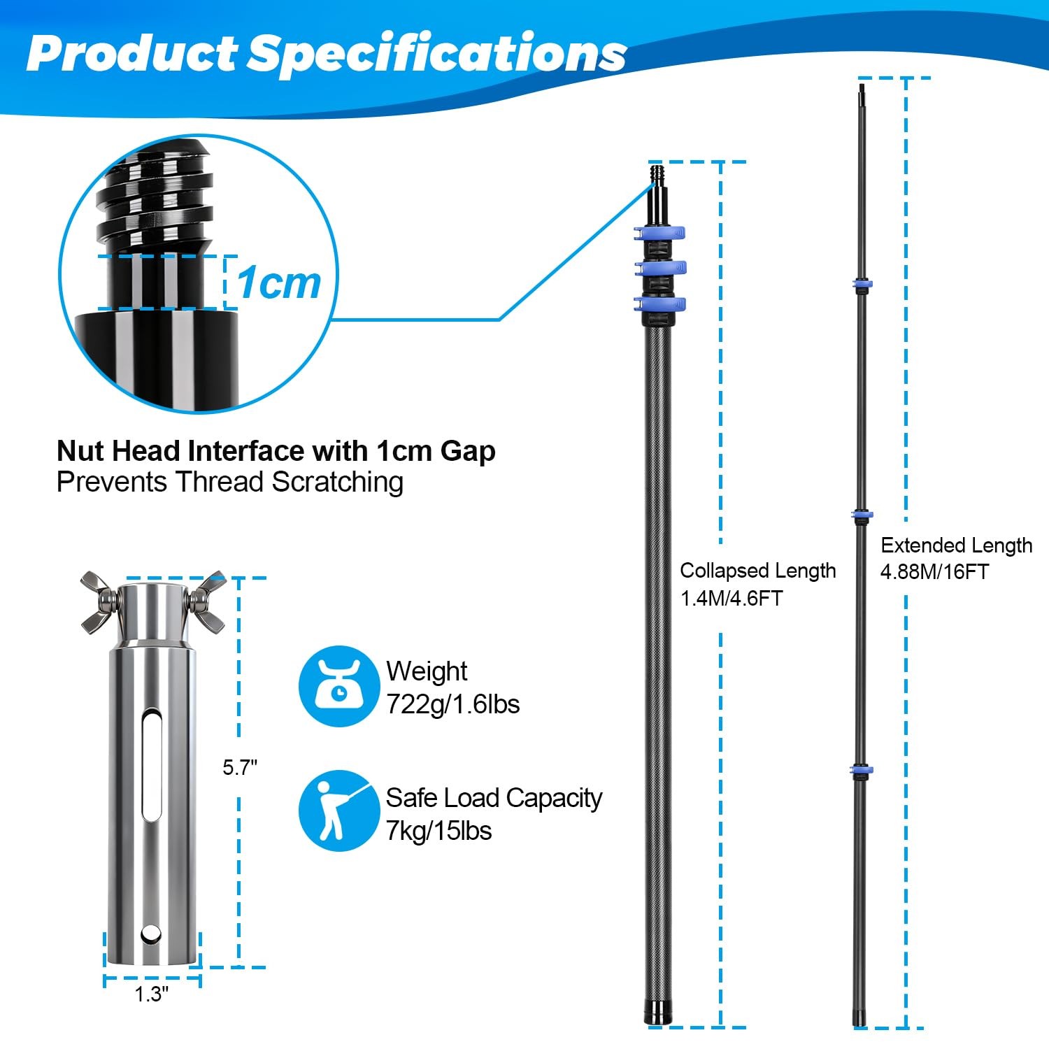 DOBEN Carbon Fiber Pool Pole, 16FT Heavy Duty Telescopic Pool Pole, Universal