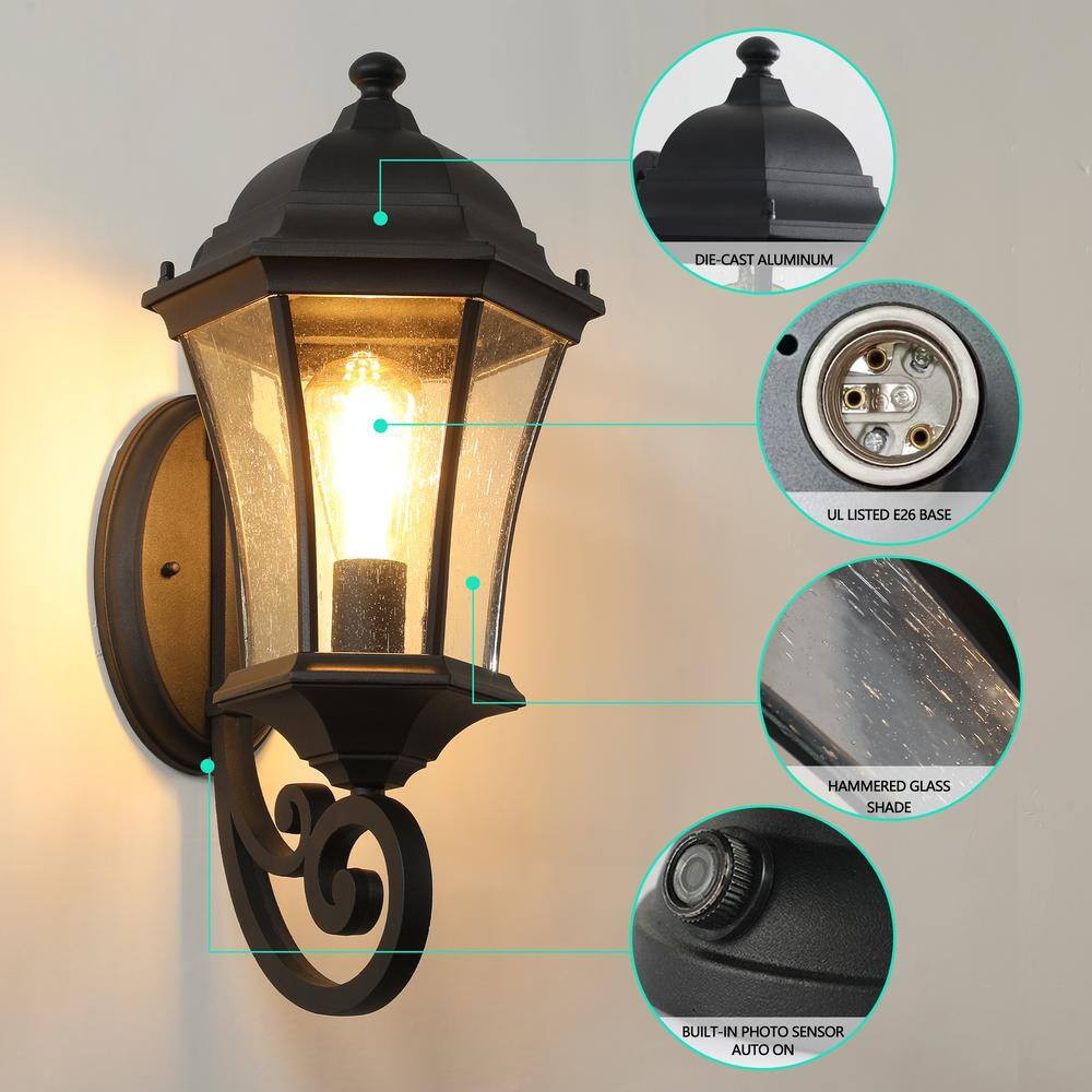 11 In. Black Motion Sensing Dusk to Dawn Outdoor Hardwired Wall Lantern Scone wi