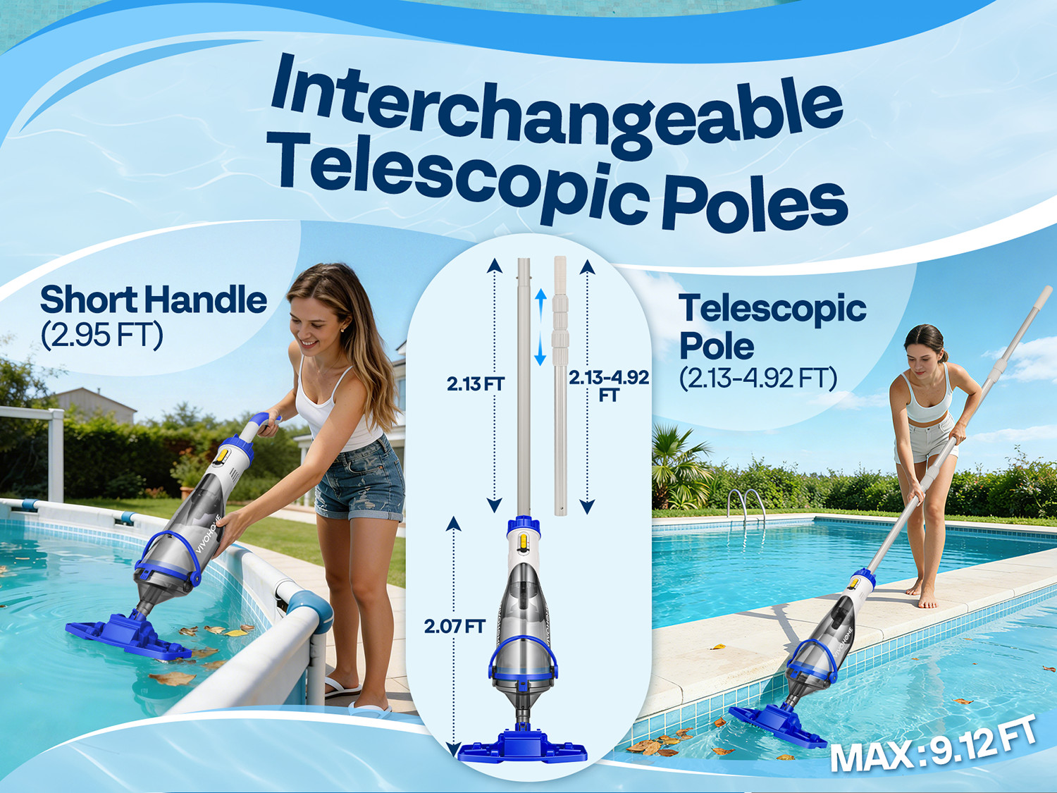Cordless Pool Vacuum Cleaner 1110GPH Handheld Rechargeable for Pools Spas 60min