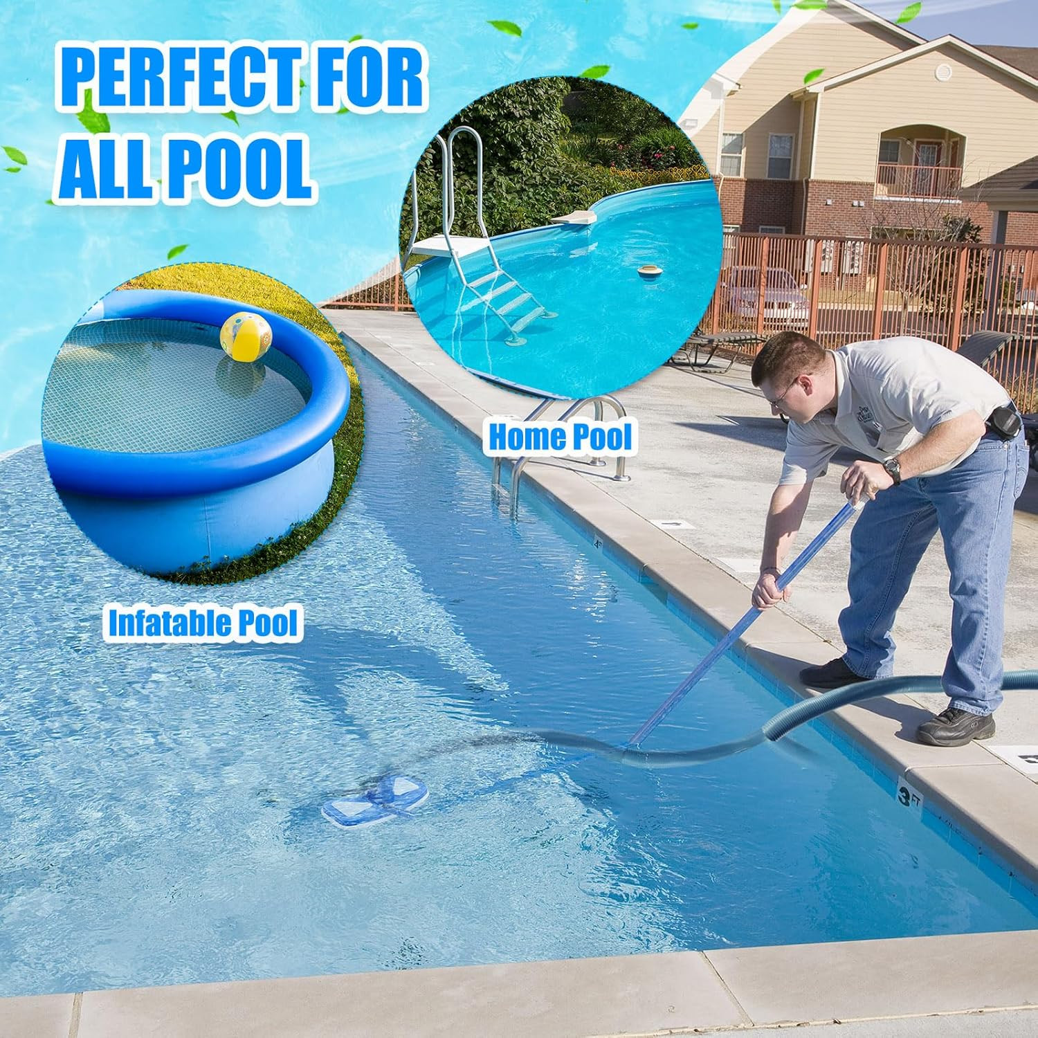 3 Pcs Pool Cleaning Kit Swimming Pool Vacuum Head Hoses 1-1/2″ X 30Ft with Swive