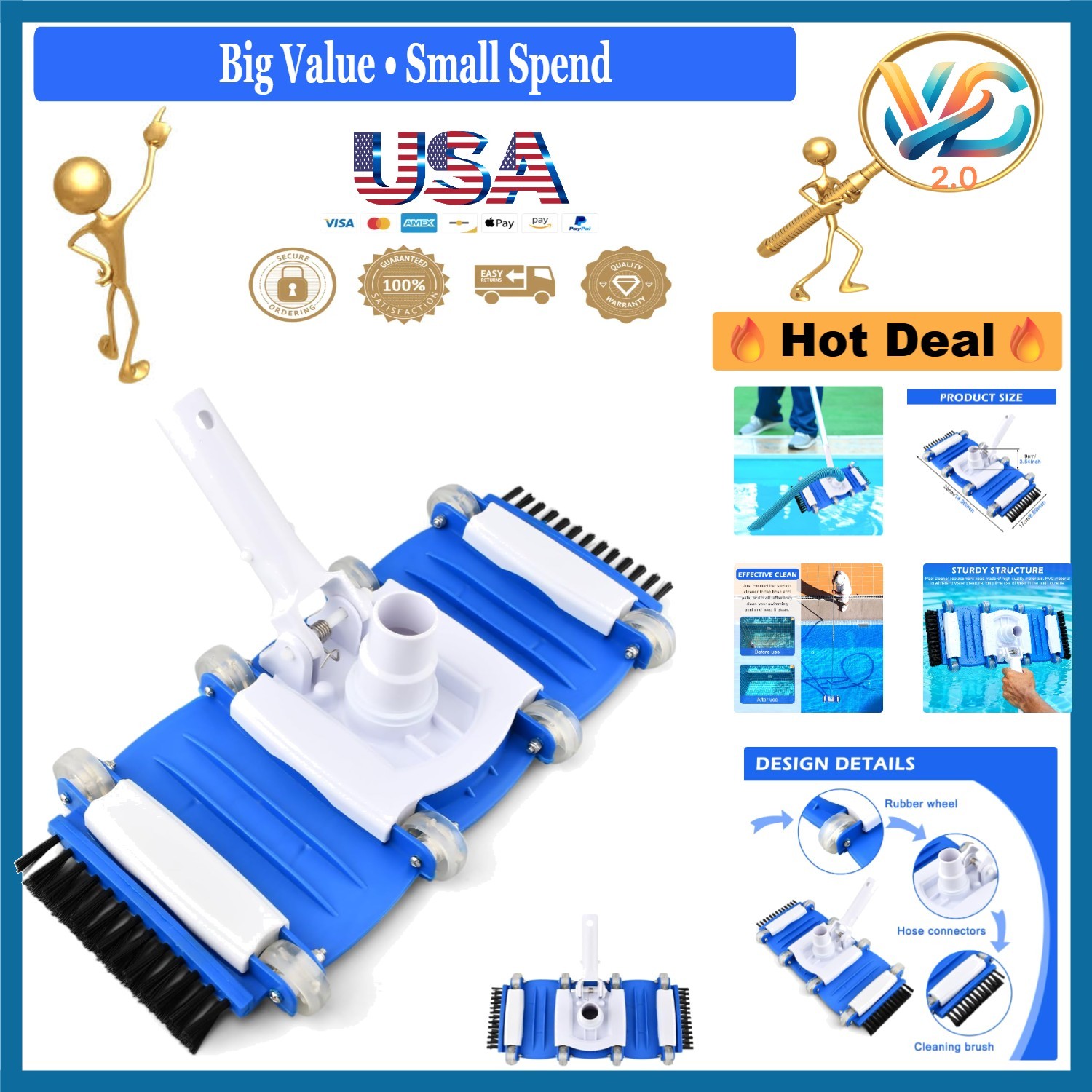 16 In. Pool Vacuum Head with Wheels & Swivel Handle for Inground & Above Grou…