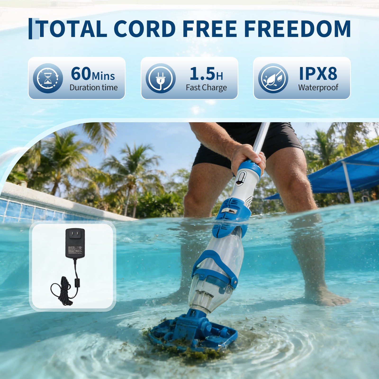 Cordless Pool Vacuum Handheld Pool Vacuum for Above Ground Pool, 60Mins Runtime