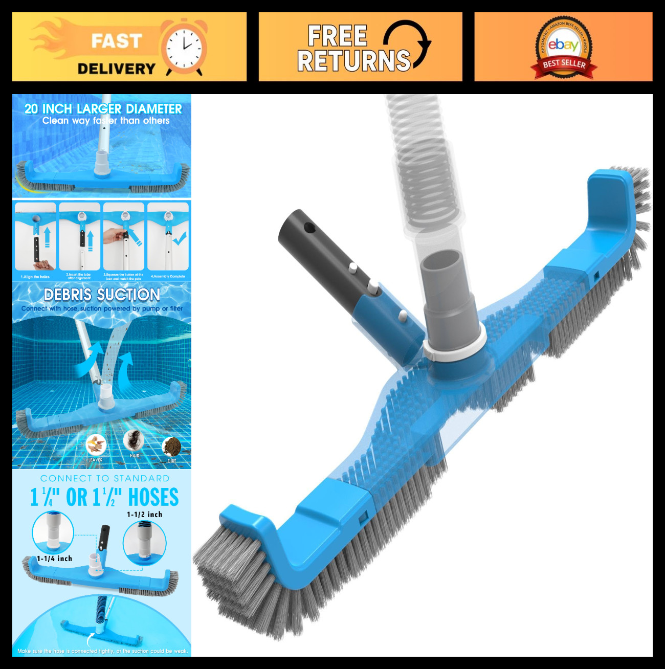 20″ 2-in-1 Pool Brush Vacuum Head with Swivel Hose for Heavy Duty Cleaning