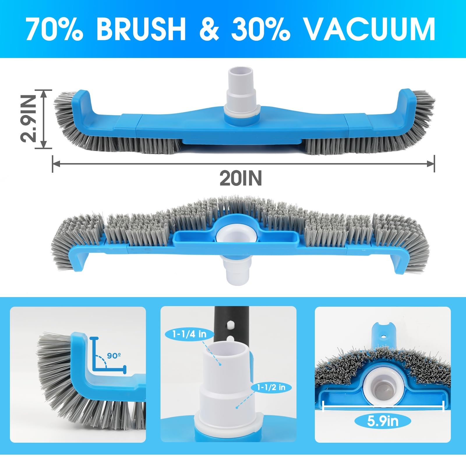 20″ 2 in 1 Pool Brush Vacuum Head with Swivel Hose Connection & Sturdy Nylon …