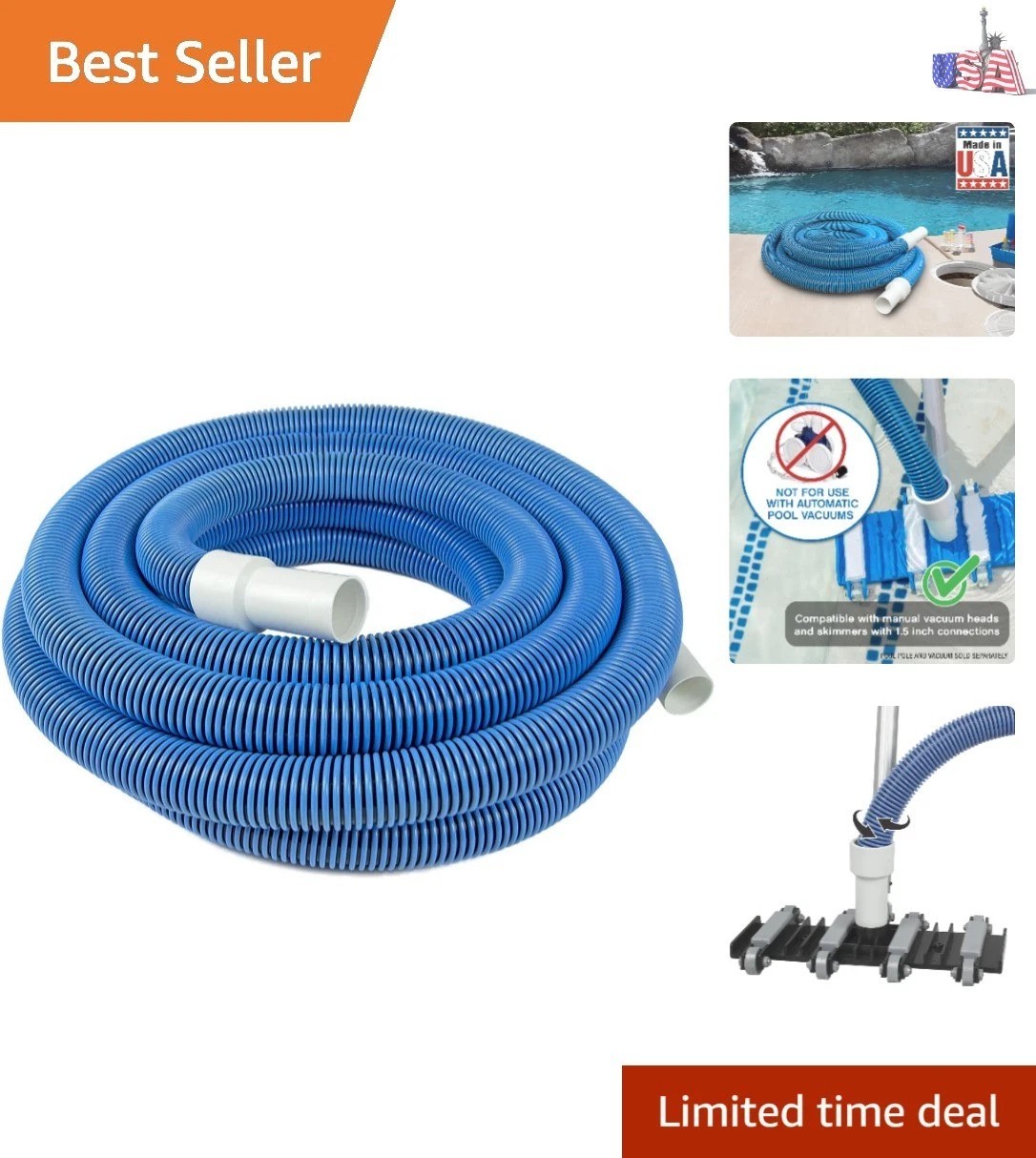 Manual Pool Vacuum Hose, 30 Ft x 1-1/2” for Inground & Above Ground Pools, No…