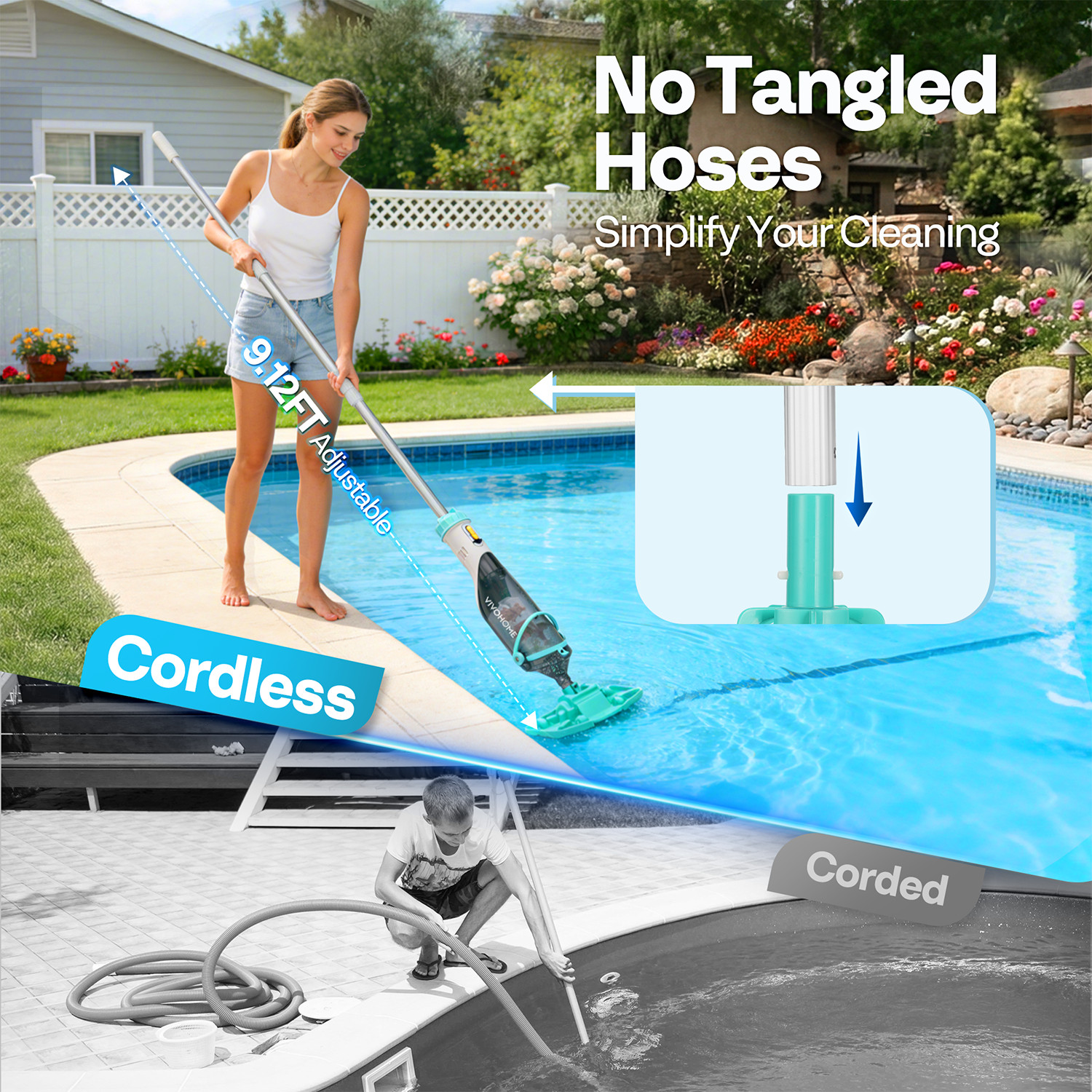Cordless Rechargeable Pool Vacuum Handheld Cleaner w/ Telescopic Pole 60min IPX8