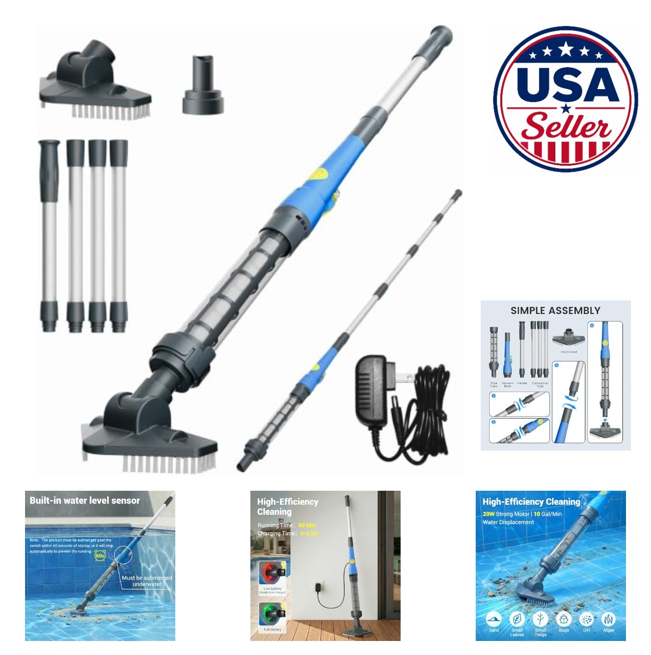 Hot Tub Vacuum Cordless Handheld Pool Cleaner 20W 4000mAh Rechargeable Sand