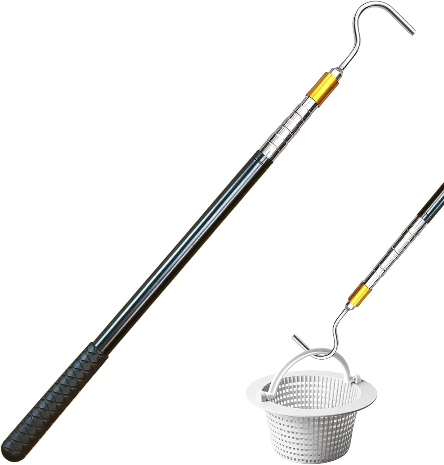 Extendable Pool Skimmer Basket Hook Pole 63 Inch – Stainless Steel