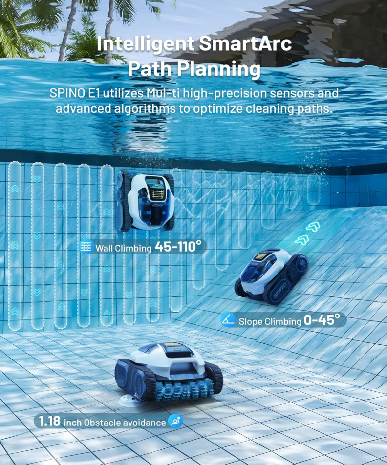 Spino E1 Cordless Robotic Pool Cleaner Wall & Waterline 1600 Sq Ft 210min App