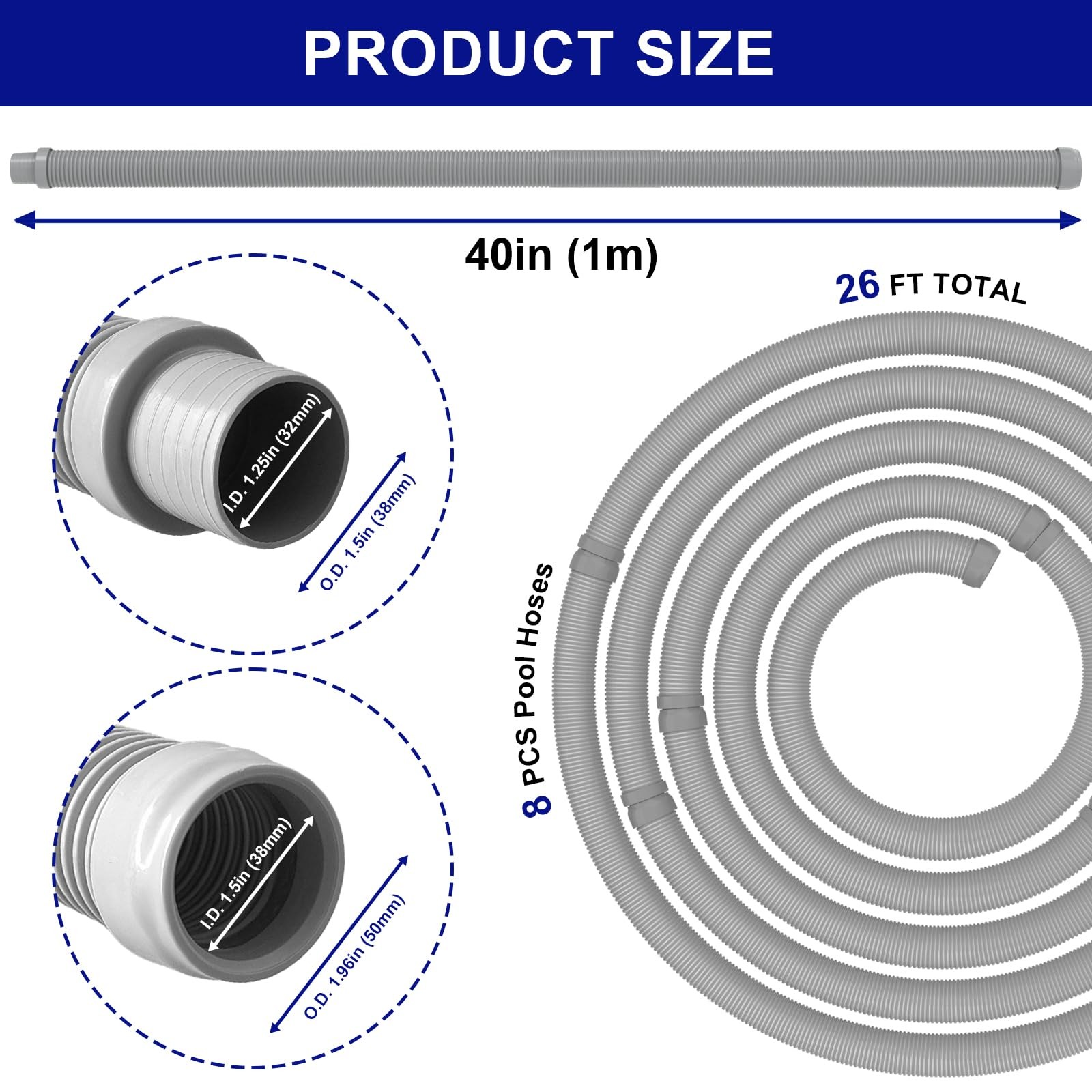Poolvio Professional Swimming Pool Vacuum Cleaner Hose 26FT (8 PACK), Gray