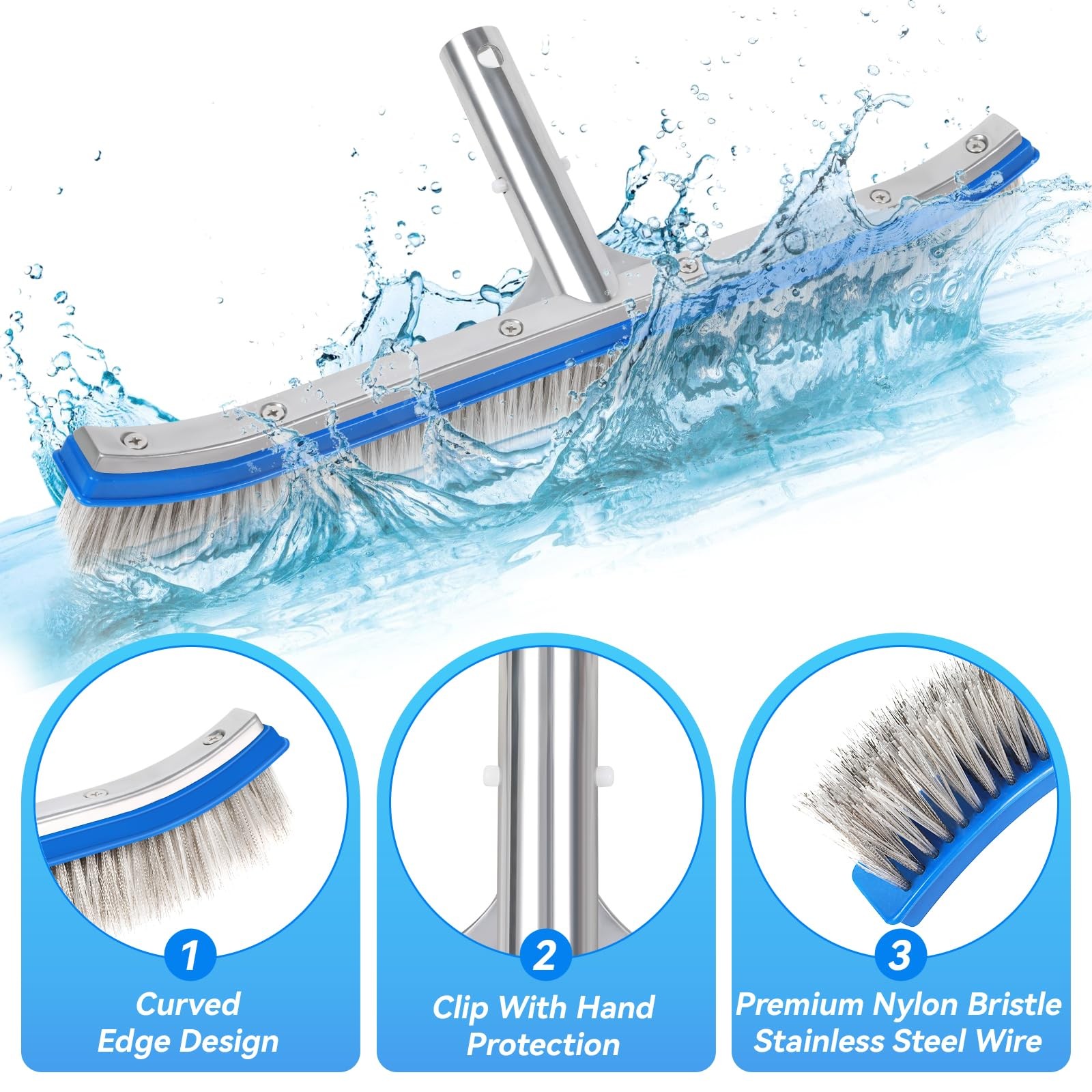 18-Inch Heavy Duty Pool Brush Stainless Steel Wire & Nylon Bristles Curved Edge