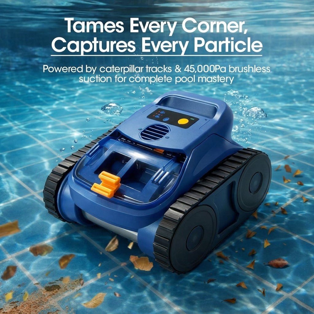 Robotic Pool Vacuum, Pool Cleaner with Track Drive & Sonar Navigation Wall Climb
