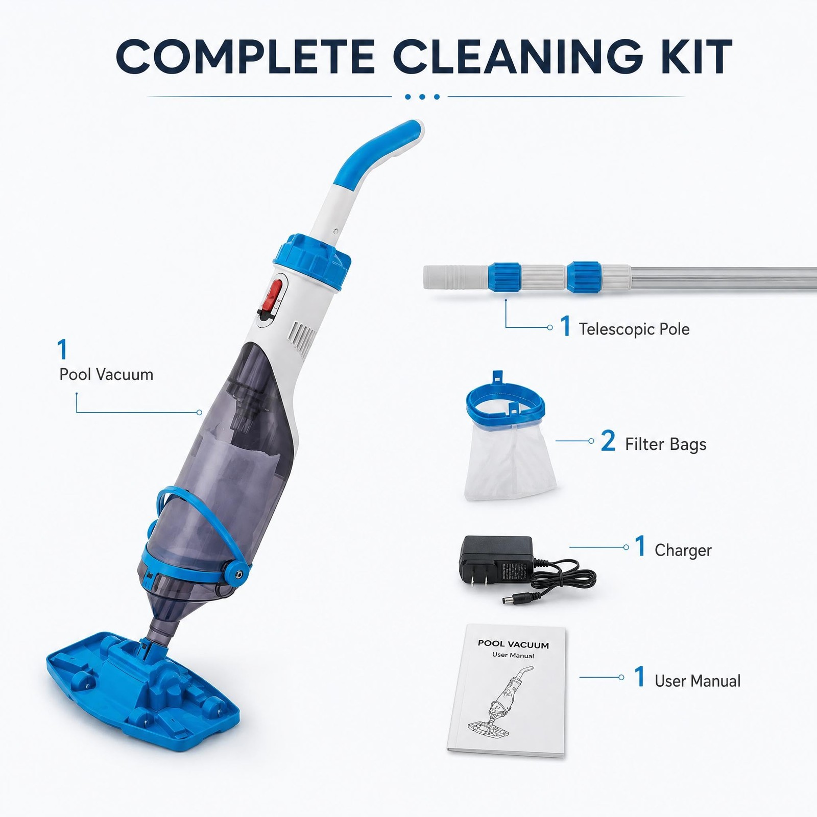 Cordless Rechargeable Pool Vacuum Cleaner Handheld with Telescopic Pole ,60 Mins