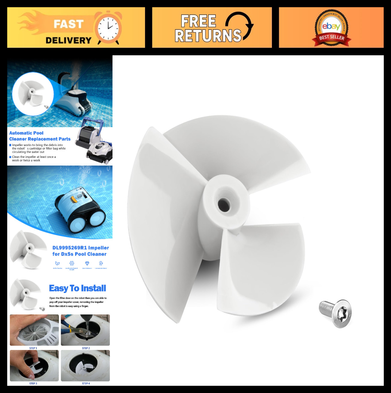 Pool Cleaner Impeller with Screw for Dolphin DC44, DX3, DX4, DX5, C5 & Neptune