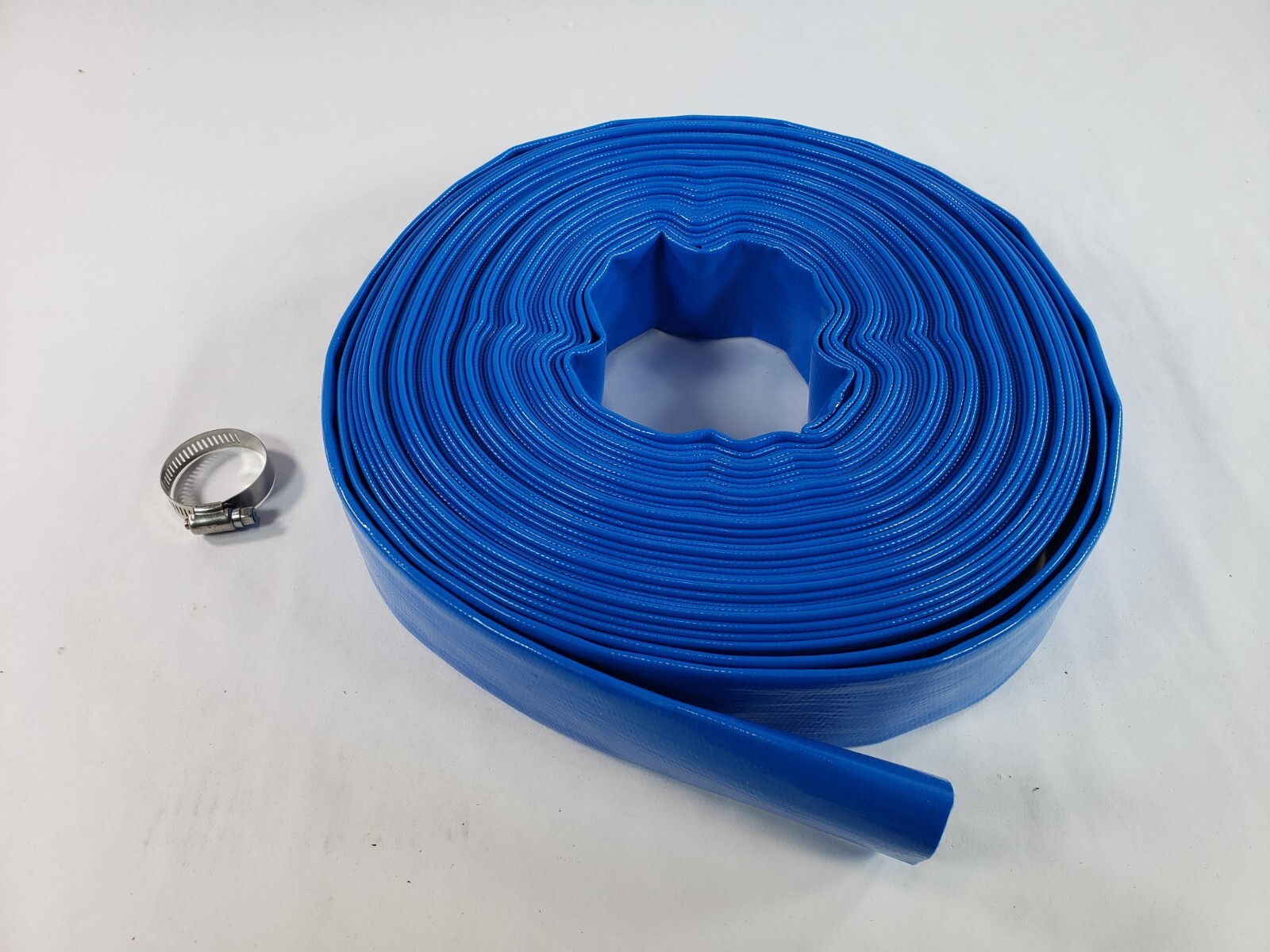 Discharge Hose 1 1/2 in x 100ft PVC Lay Flat Hose Backwash Drain Hose w/ Clamp