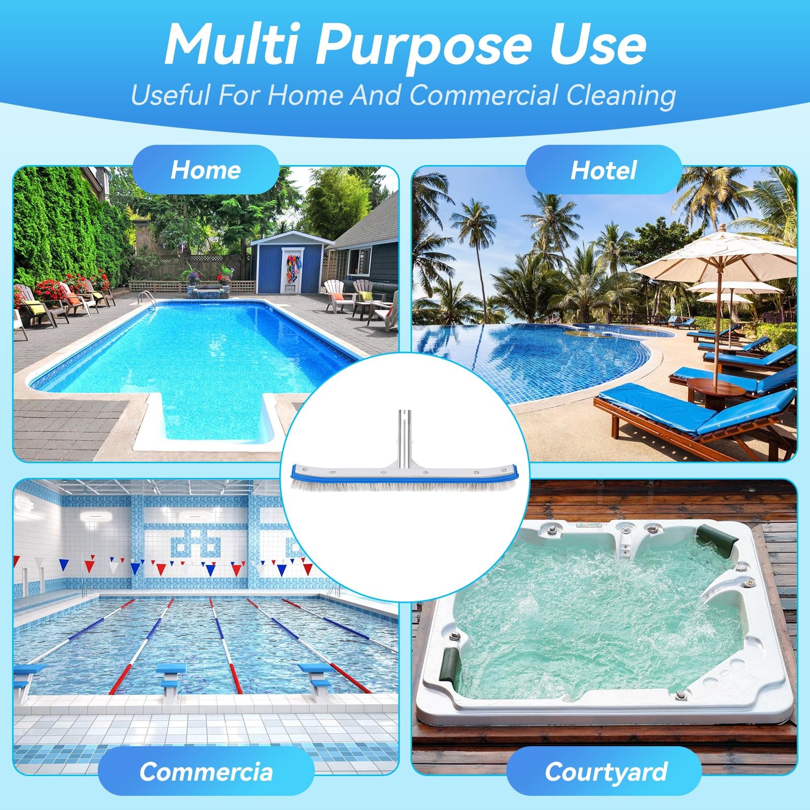 18-Inch Heavy Duty Pool Brush Stainless Steel Wire & Nylon Bristles Curved Edge