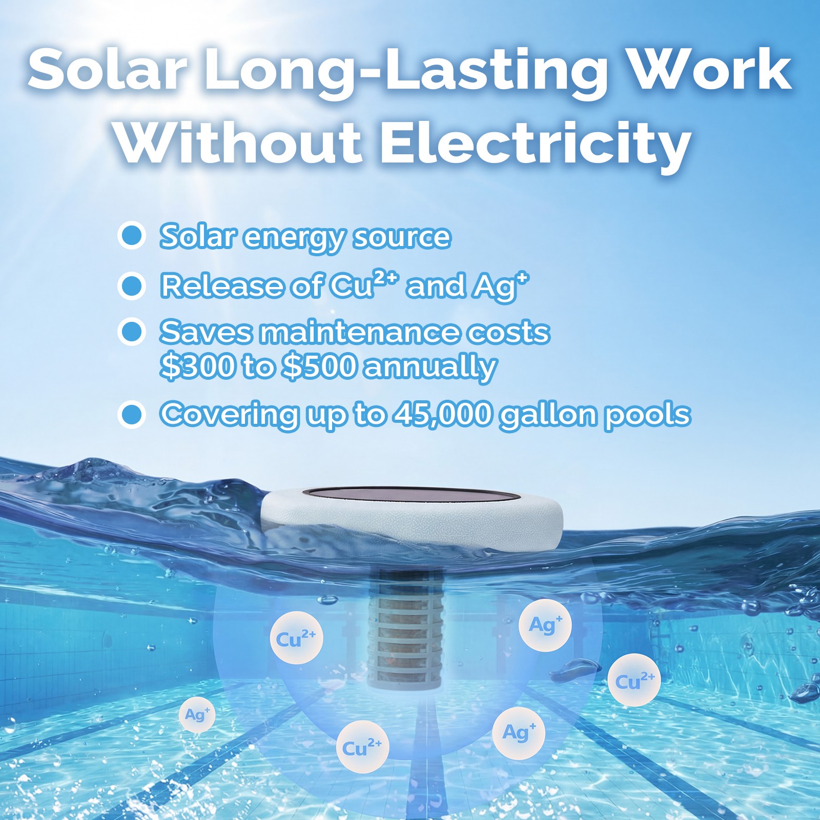Solar Copper Pool Ionizer for Water Clarification Above Ground Inground Pool