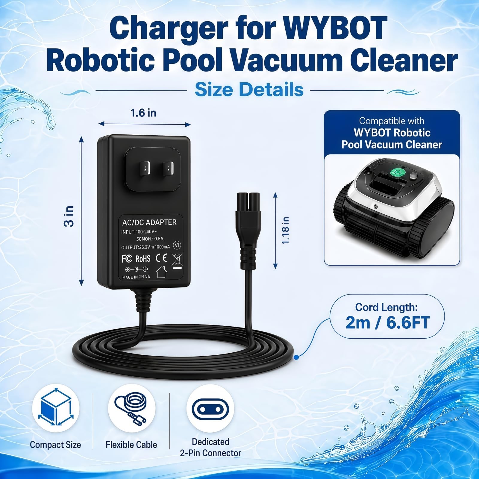 25.2V Fast Charger for WYBOT C1, C2, C2B, and OS7010C Robotic Pool vacuums; A…