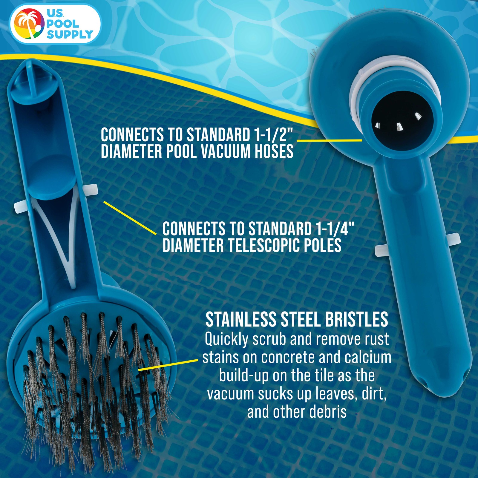 U.S. Pool Supply Corner Vacuum Brush, Stainless Steel Bristles, Adjustable Ring
