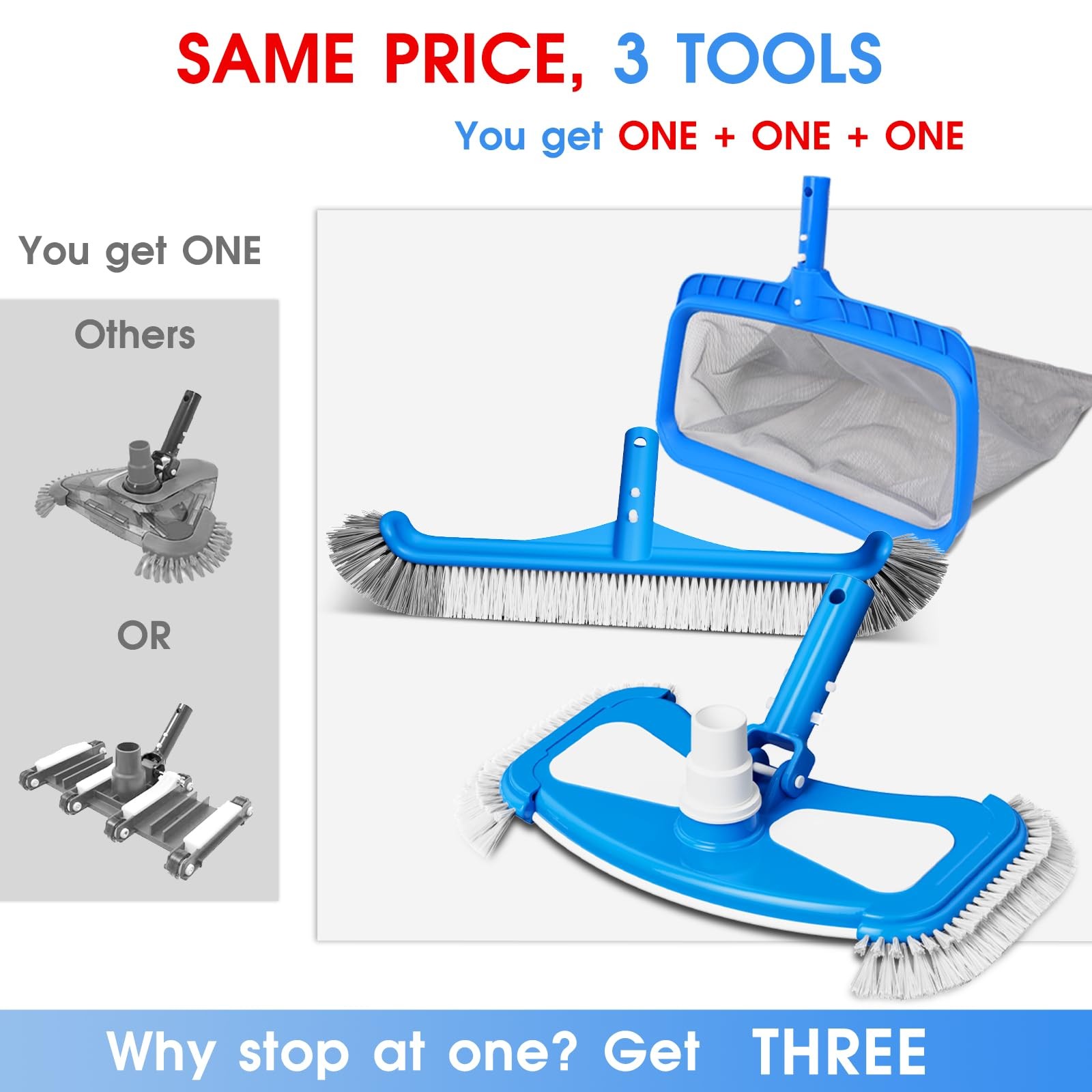 3-in-1 Pool Cleaning Kit – Deep Grabber Pool Net, 17.5″ Scrub Brush,Weighted …