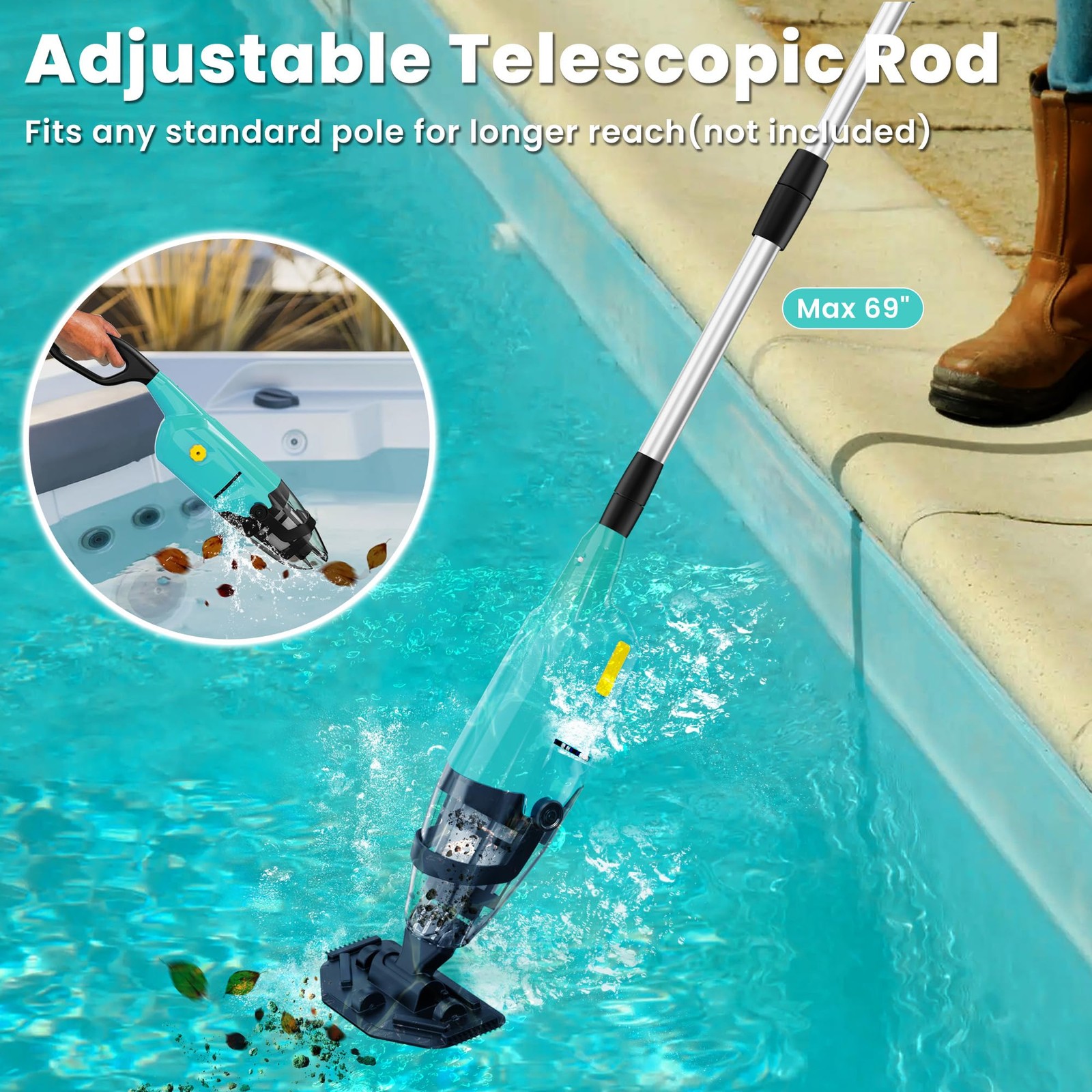 Cordless Handheld Pool Vacuum with Telescopic Pole 18GPM Powerful Suction, 90Min