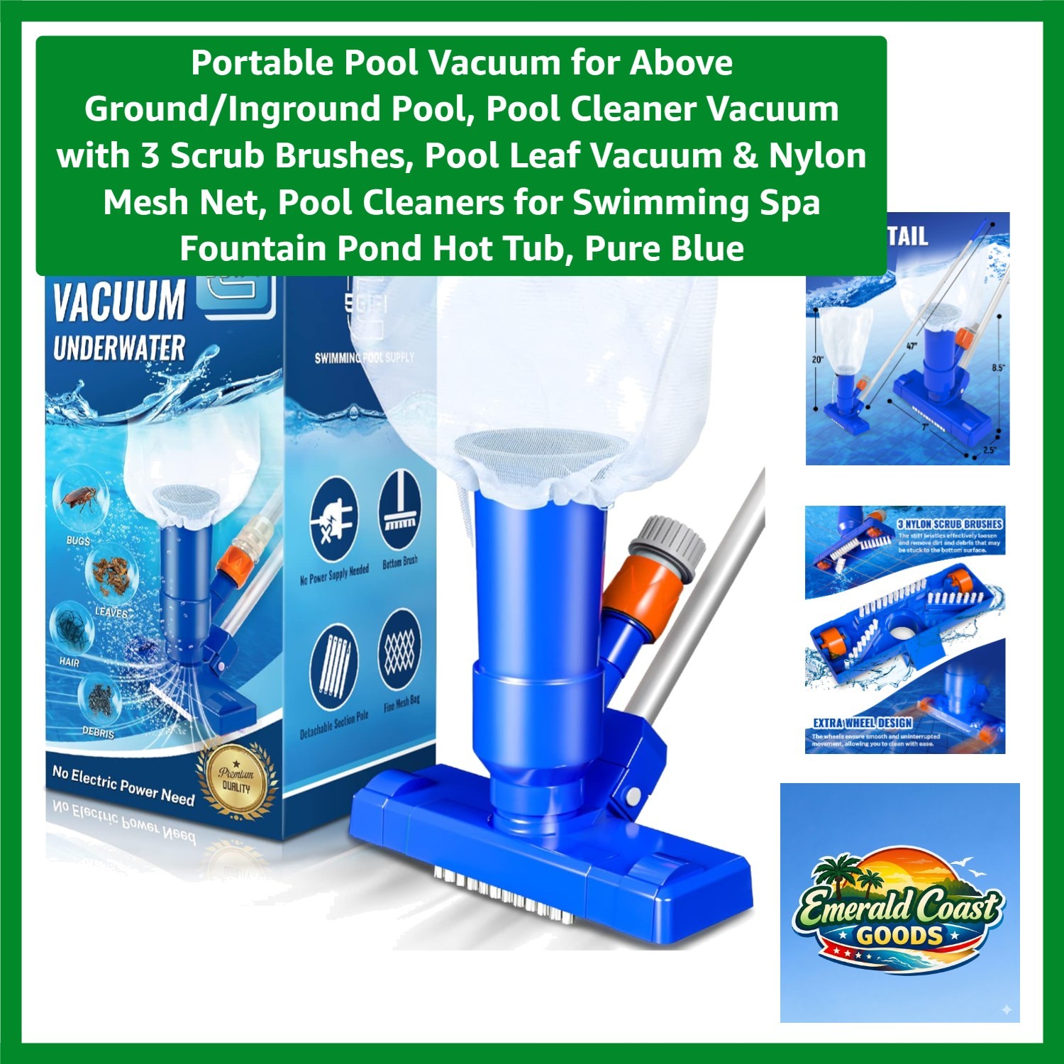 Pure Blue Portable Pool Vacuum with 50ft Hose – Effortless Cleaning Solution