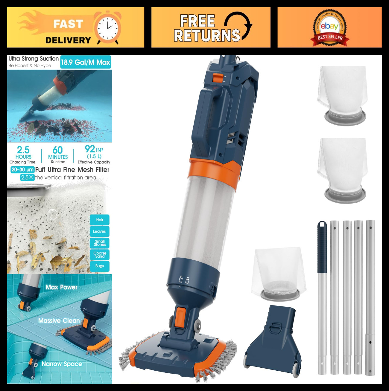 Cordless Pool Vacuum – Powerful Suction 18.9GPM, 100in Runtime, Ultra Fine Filte