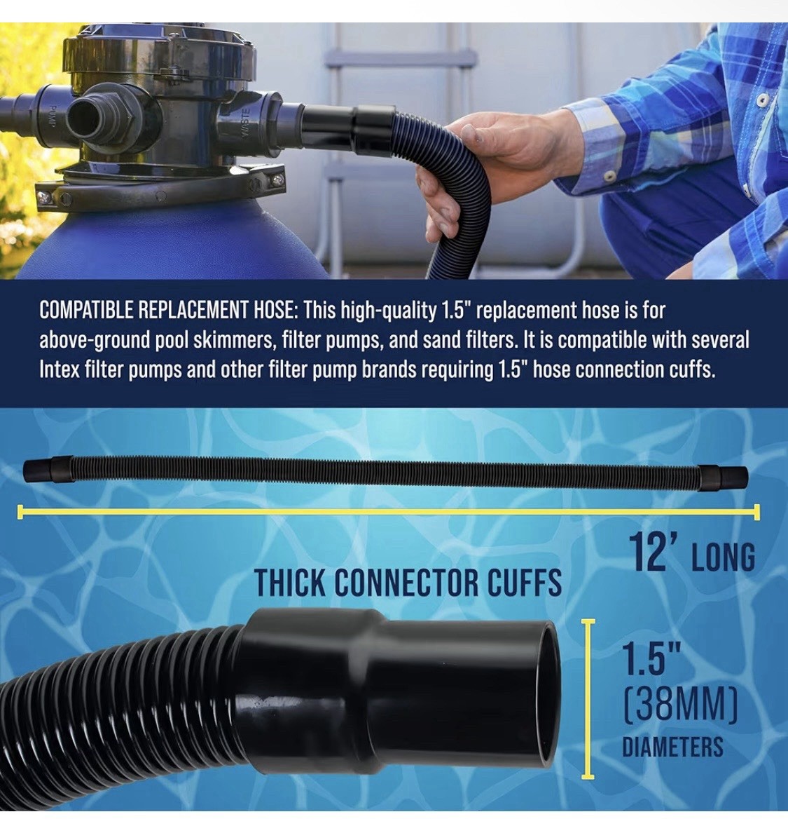 12 Foot Heavy-Duty Above Ground Pool Hose, 1.5″ – Black Filter Connecting Hose