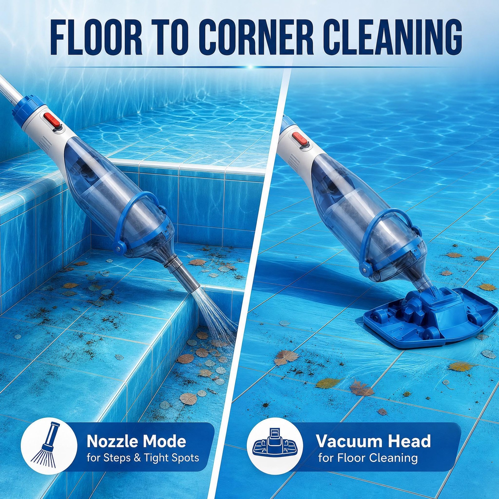 Cordless Rechargeable Pool Vacuum Cleaner Handheld with Telescopic Pole ,60 Mins