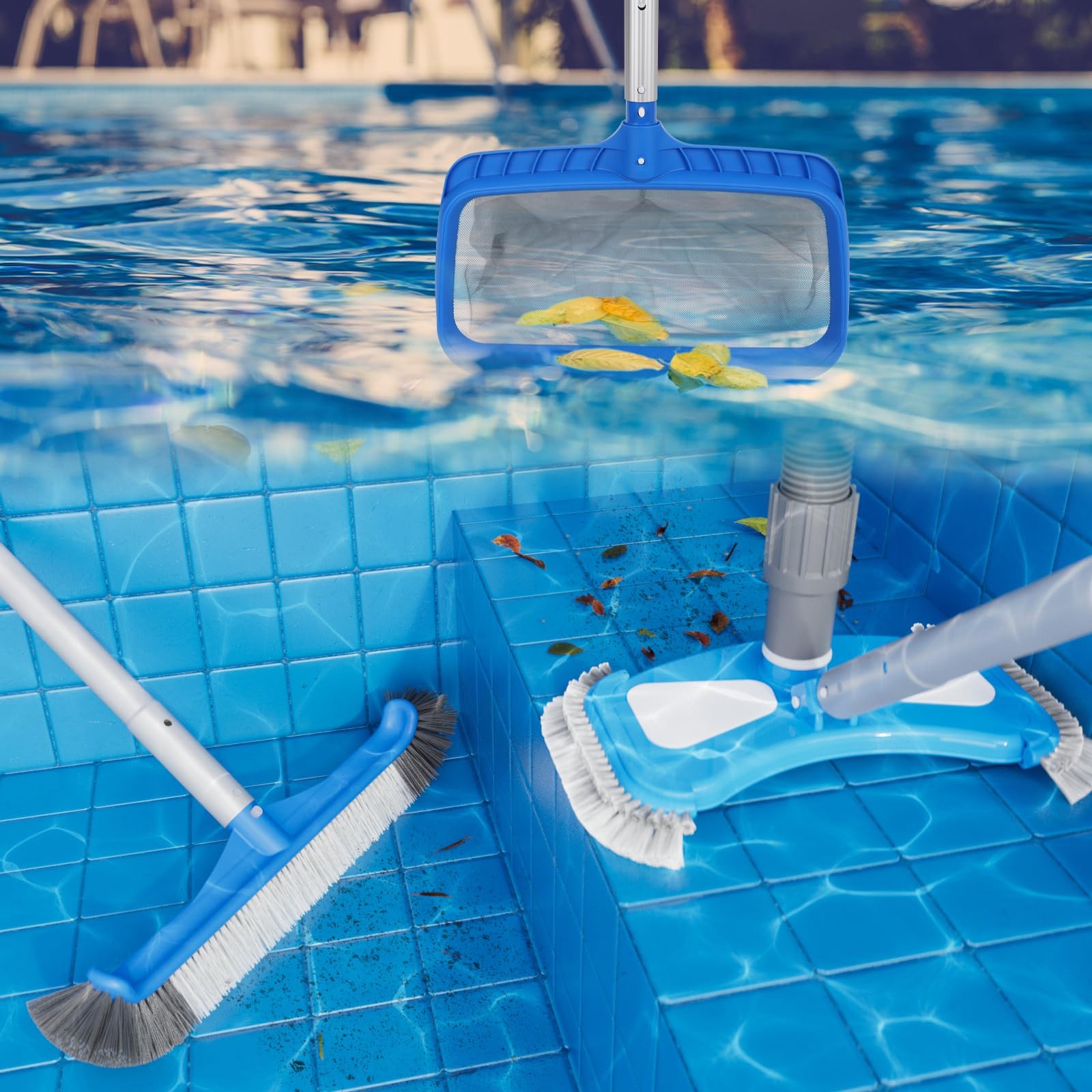 3-in-1 Pool Cleaning Kit – Deep Grabber Pool Net, 17.5″ Scrub Brush,Weighted …