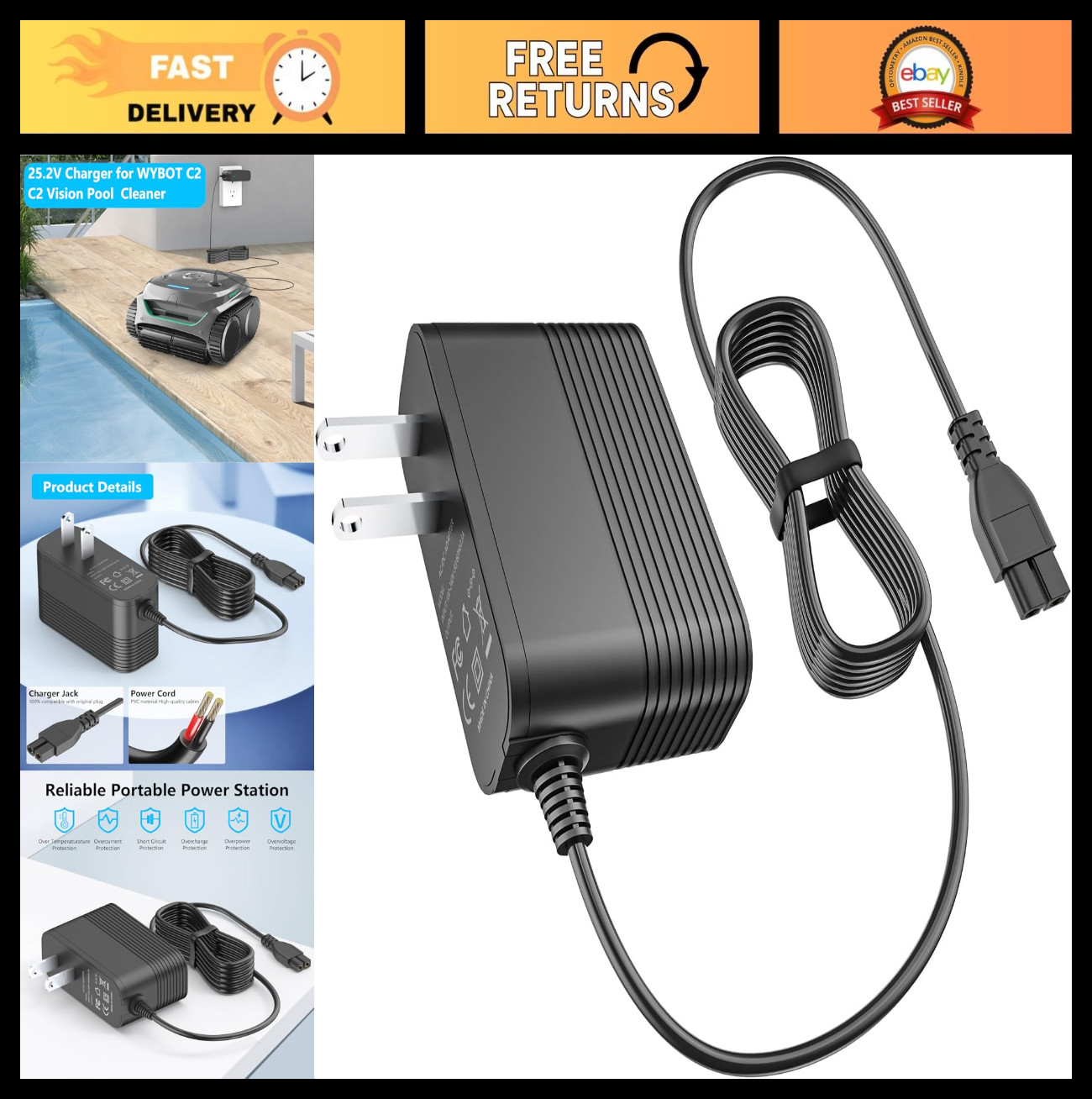 Charger for Robotic Pool Cleaner Compatible with C2 Vision A/B Cordless Vacuum A