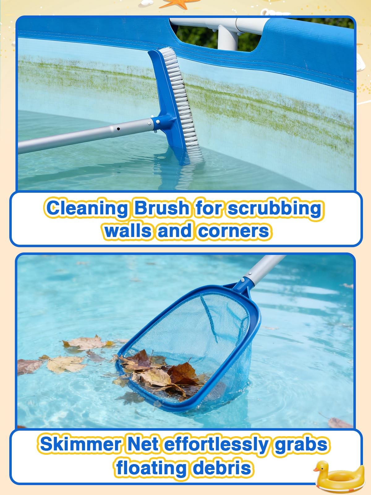 Portable Pool Cleaning Kit – Vacuum, Brush, Skimmer Nets, Adjustable Pole