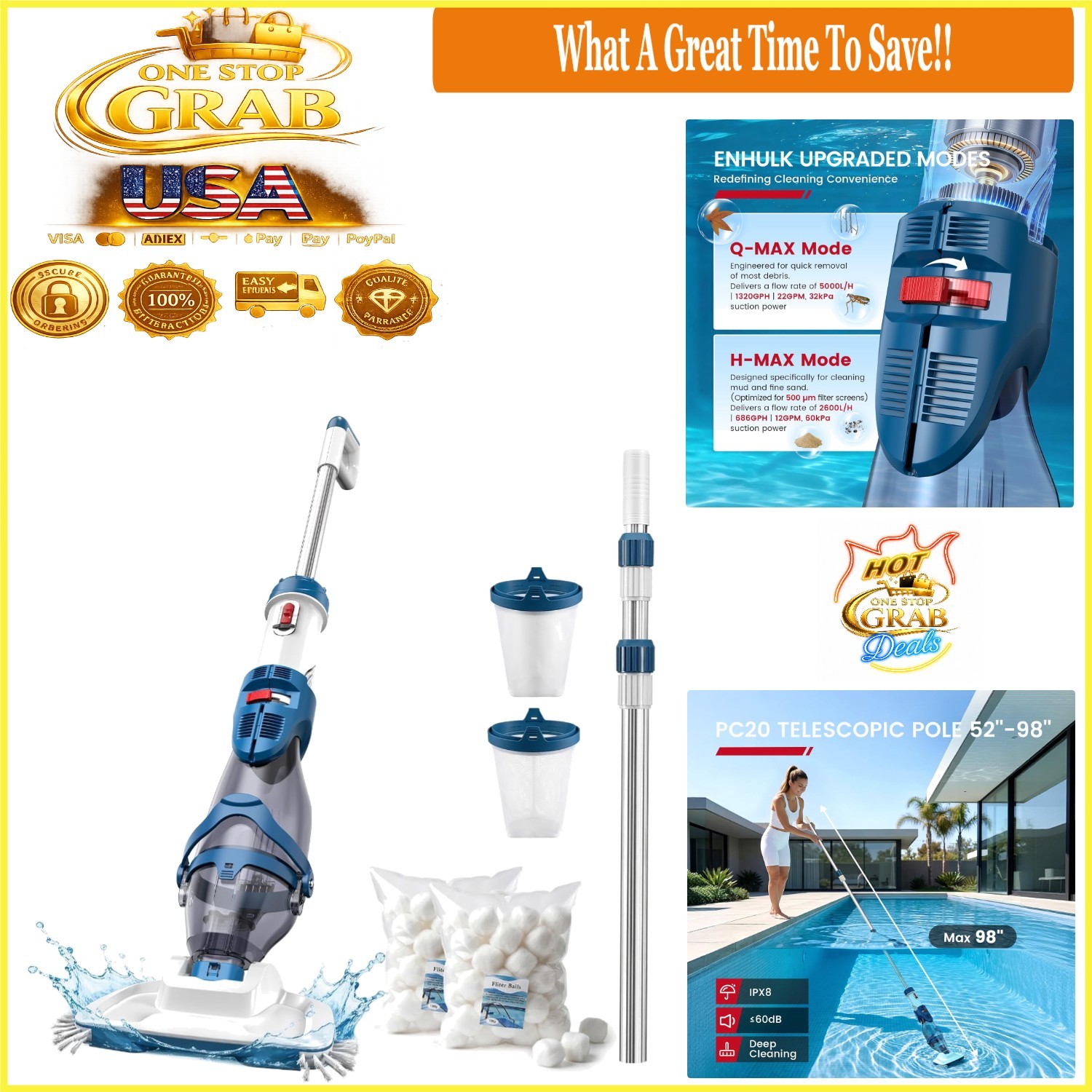 PC20 Cordless Pool Vacuum Upgraded Dual Mode 22 GPM Suction Telescopic