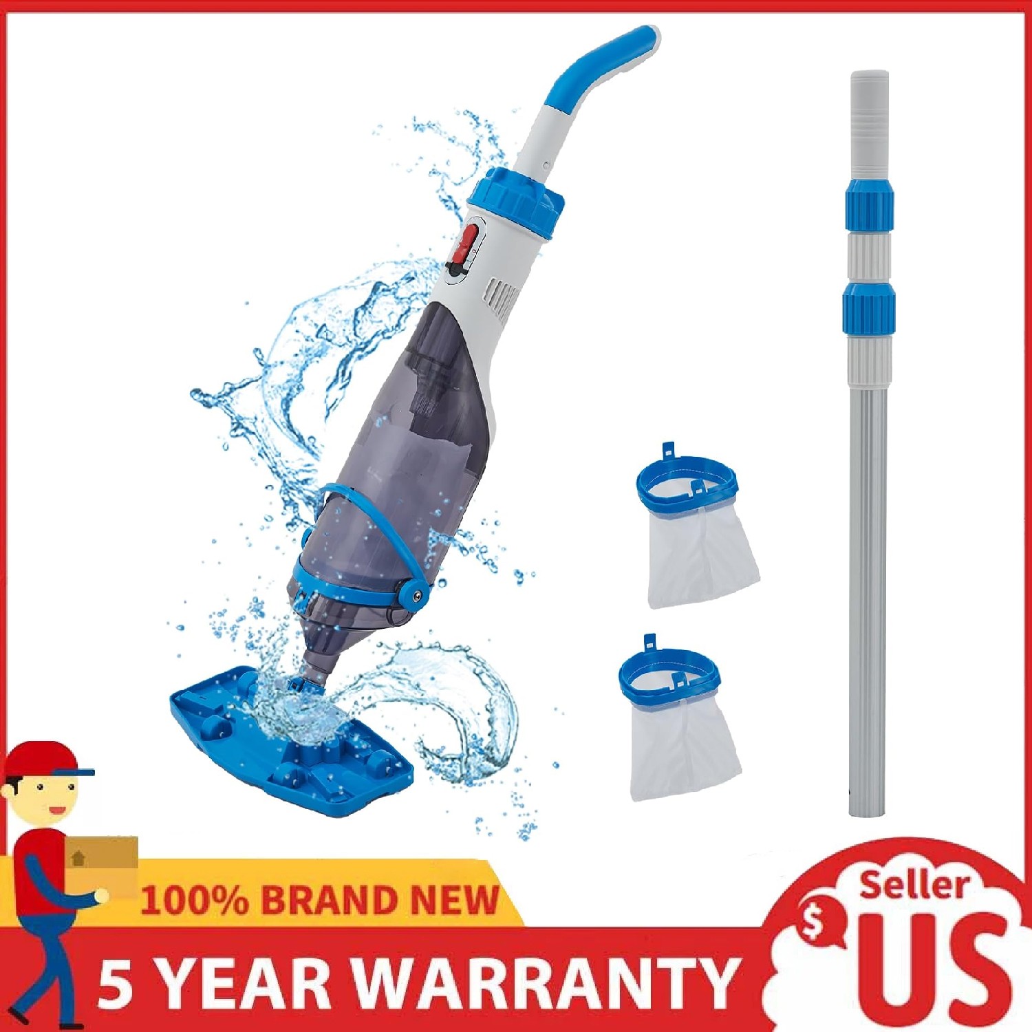 Cordless Rechargeable Pool Vacuum Handheld with Telescopic Pole for Above Ground
