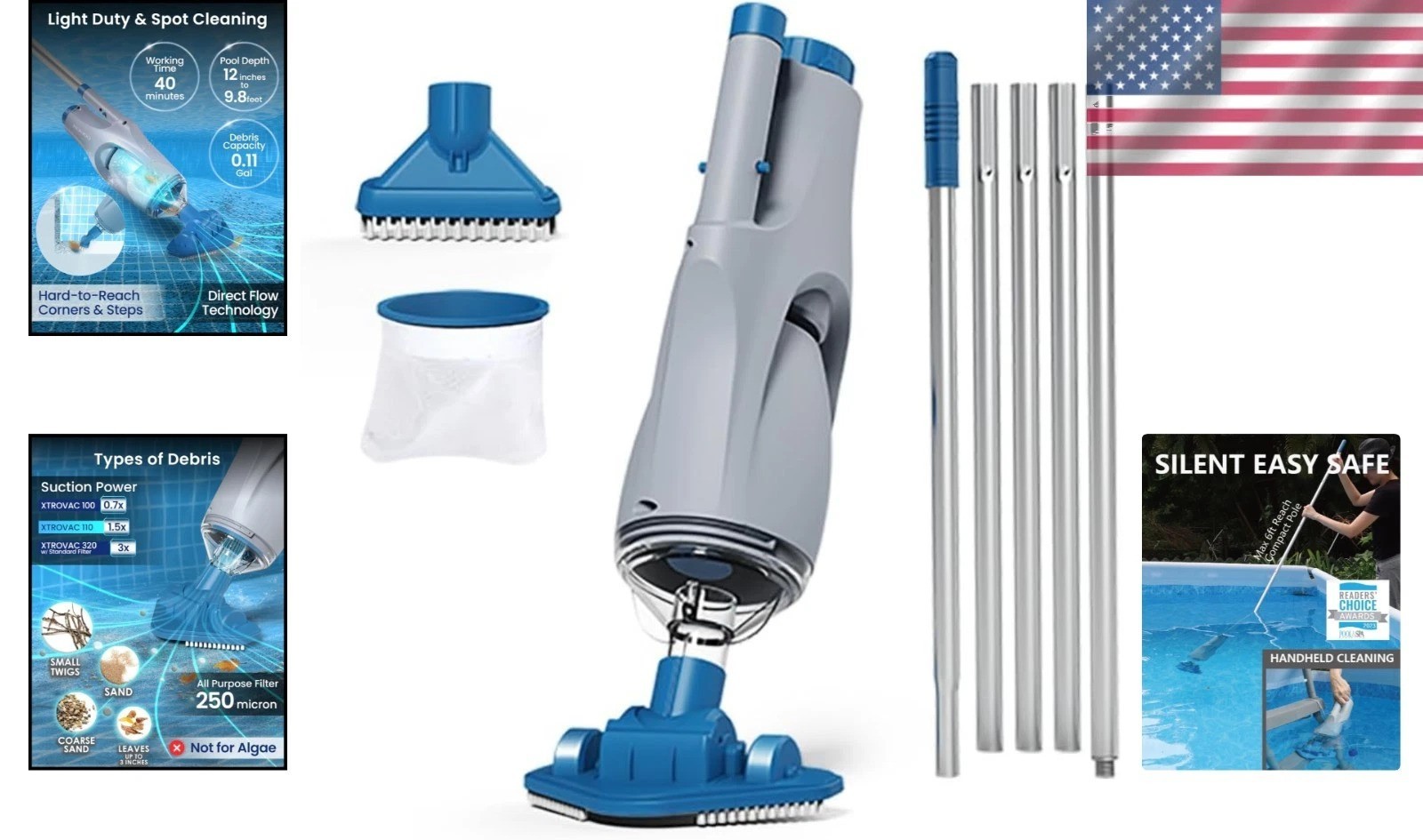 Portable Pool Vacuum for Above Ground Pools, 60min Runtime