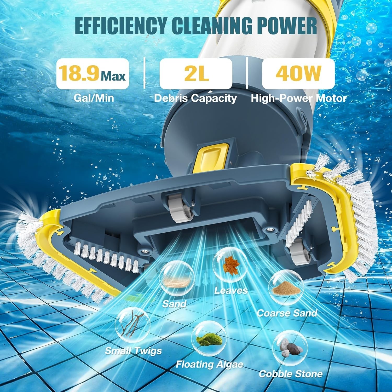 Cordless Pool Vacuum Cleaner 5 in 1 14in Head IPX8 Inground Above Ground Spa