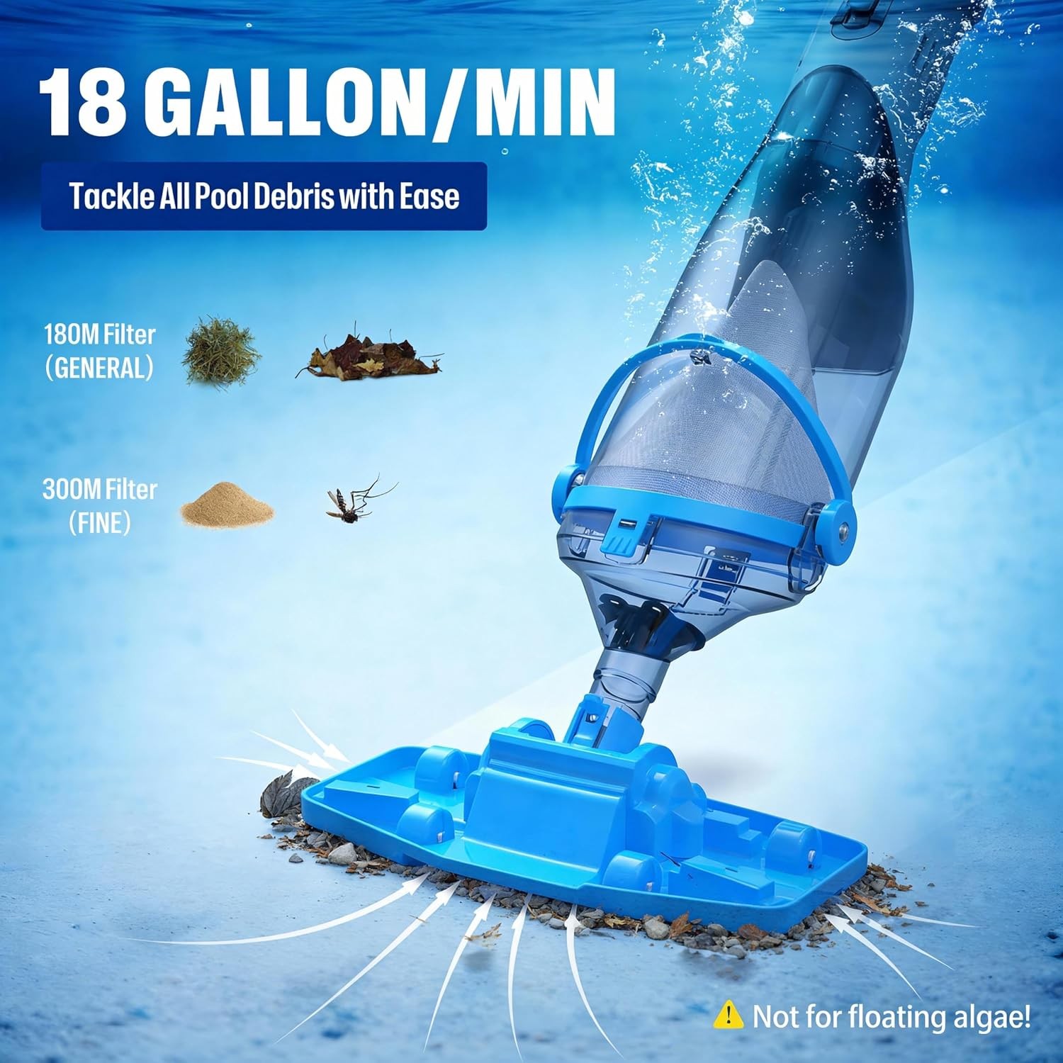 Cordless Rechargeable Pool Vacuum 18.5 GPM Handheld Cleaner with Telescopic Pole