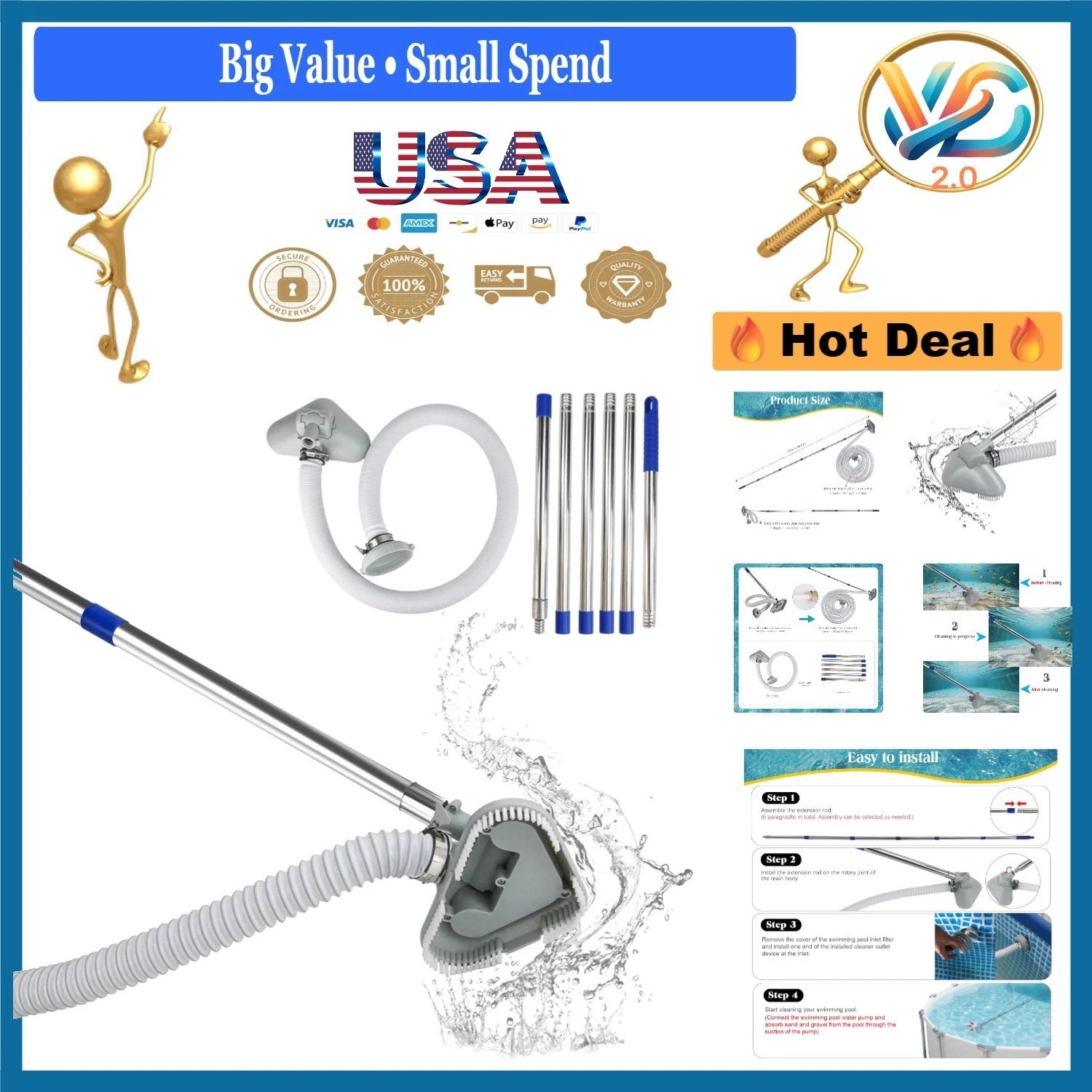 Extendable Pool Vacuum Cleaner for Above & In-Ground Pools Grey