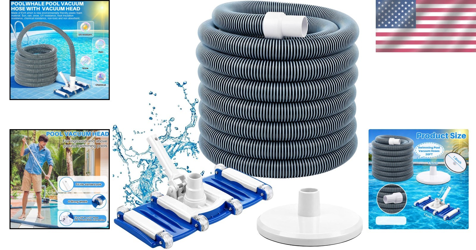 All-in-One Pool Maintenance Kit: 14″ Vacuum Head & 18ft Hose for Fast Cleaning