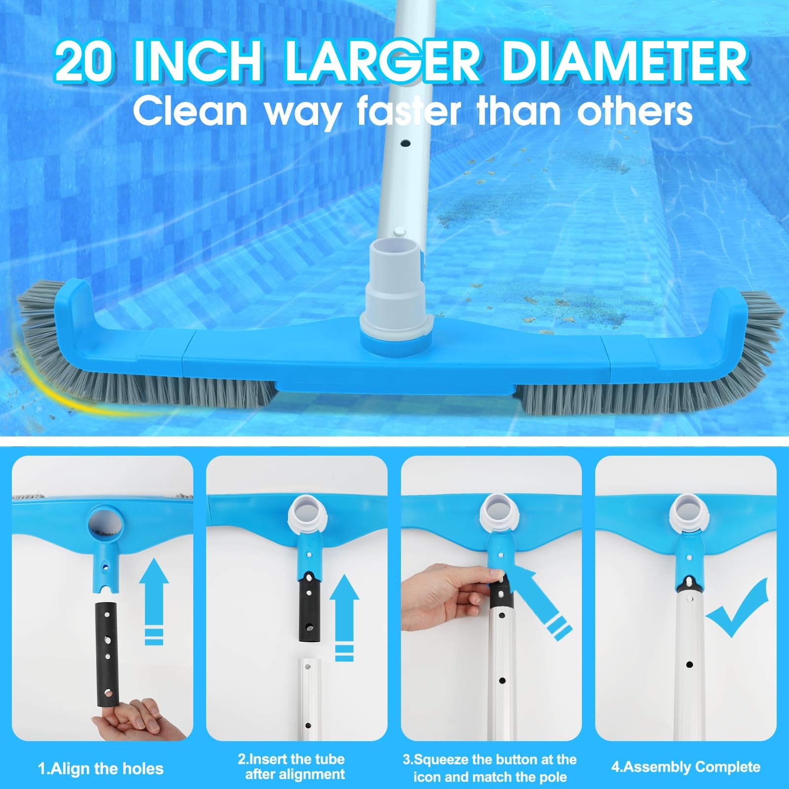 TidyMister 20″ 2 in 1 Pool Brush Vacuum Head with Swivel Hose 20inch, Blue