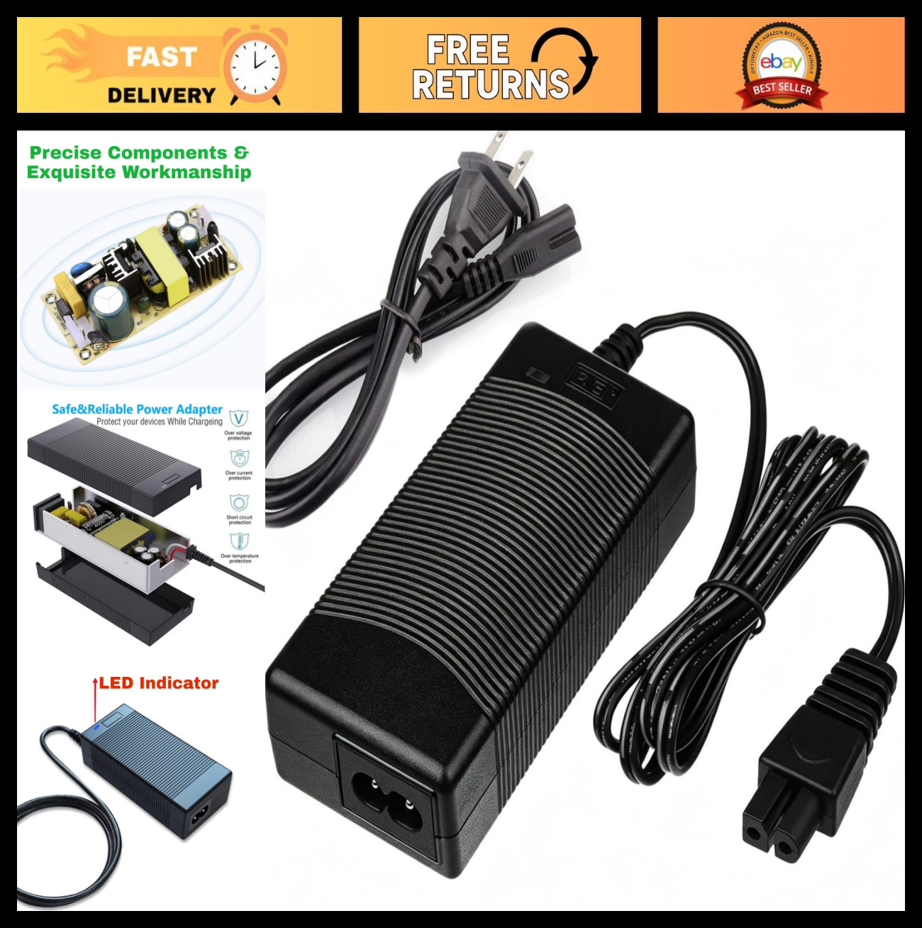 25.2V 2.6A Quick Charger Cord for Robotic Pool Vacuum Cleaner, AC Power Supply