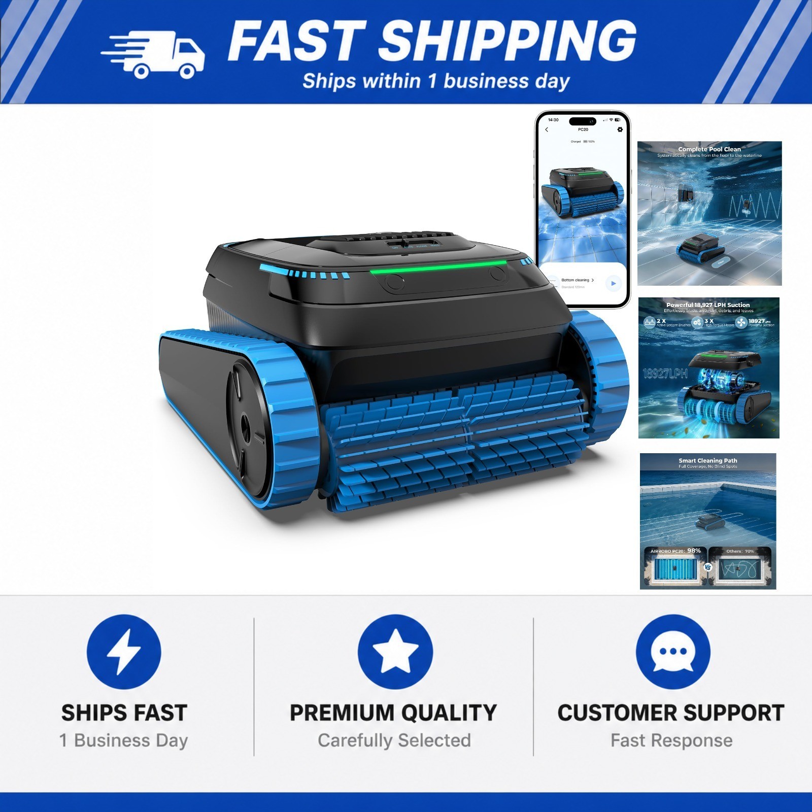 Cordless Robotic Pool Cleaner, 5000 GPH with 150μm Filter, Floor/Wall/Waterline