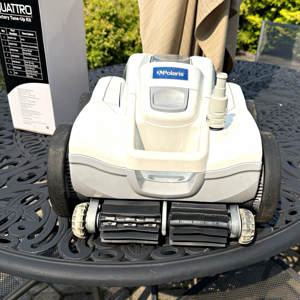 Polaris Robotic Pool Cleaner w/ Filter Canister & Caddy, White/Black