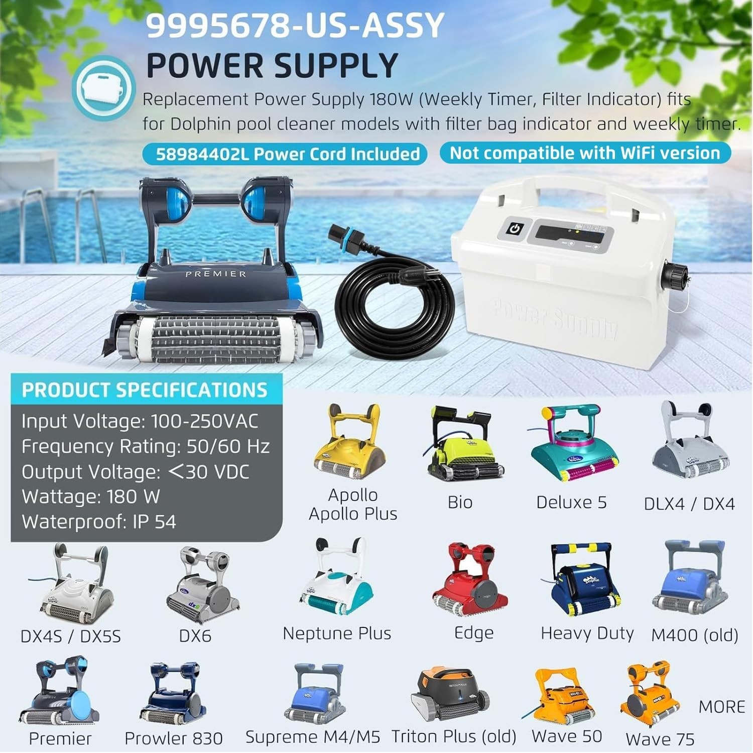 Replacement Power Supply w/ Cord for Dolphin Pool Cleaner 9995678-US-ASSY 180W