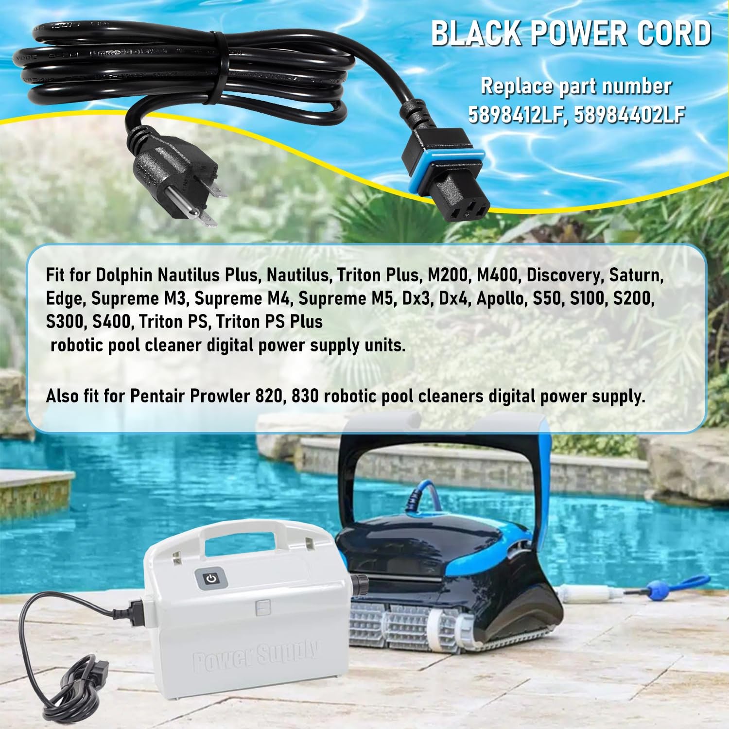 “Replacement Black Power Cord for Dolphin Pool Cleaners Fits 5898412LF,
