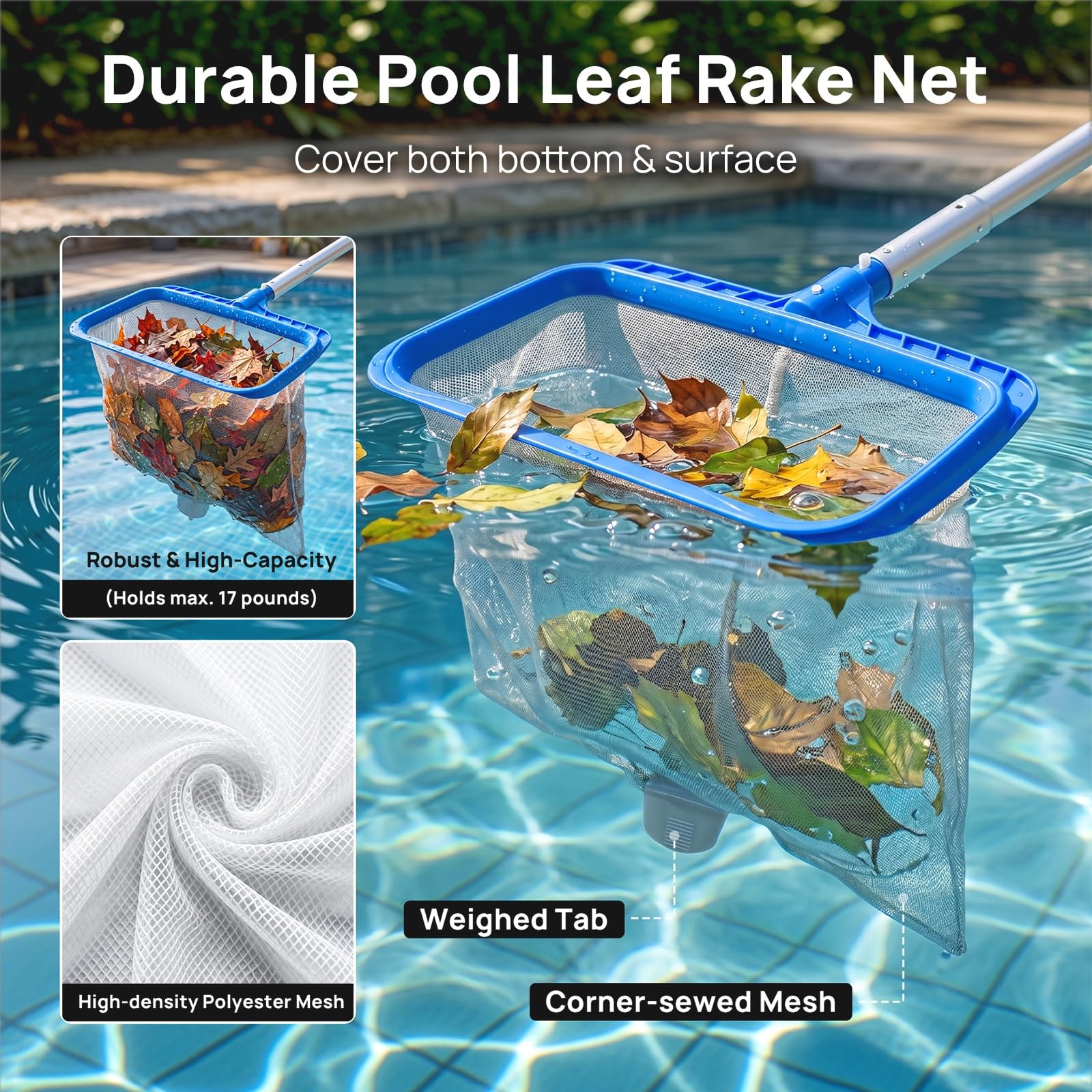 Consciot 5-In-1 Pool Cleaning Kit Including Deep Leaf Rake Net 17.3 Wall Brush