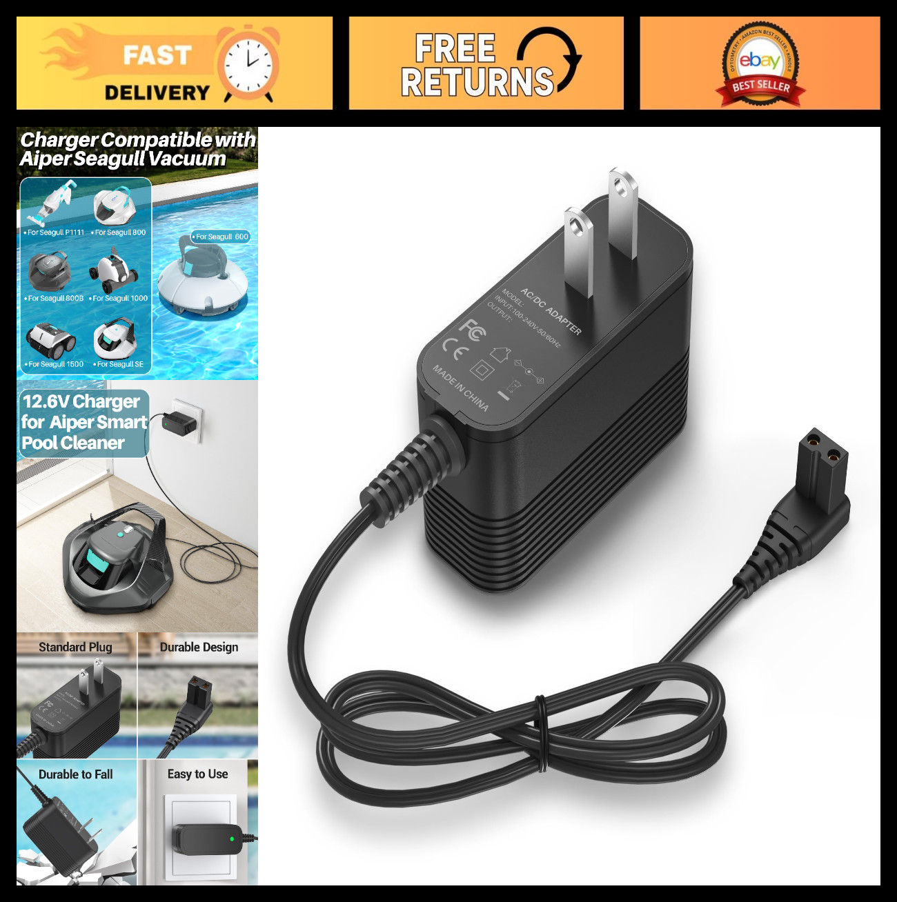 12.6V Pool Vacuum Charger for Cordless Robotic Cleaner, AC Adapter Power Cord