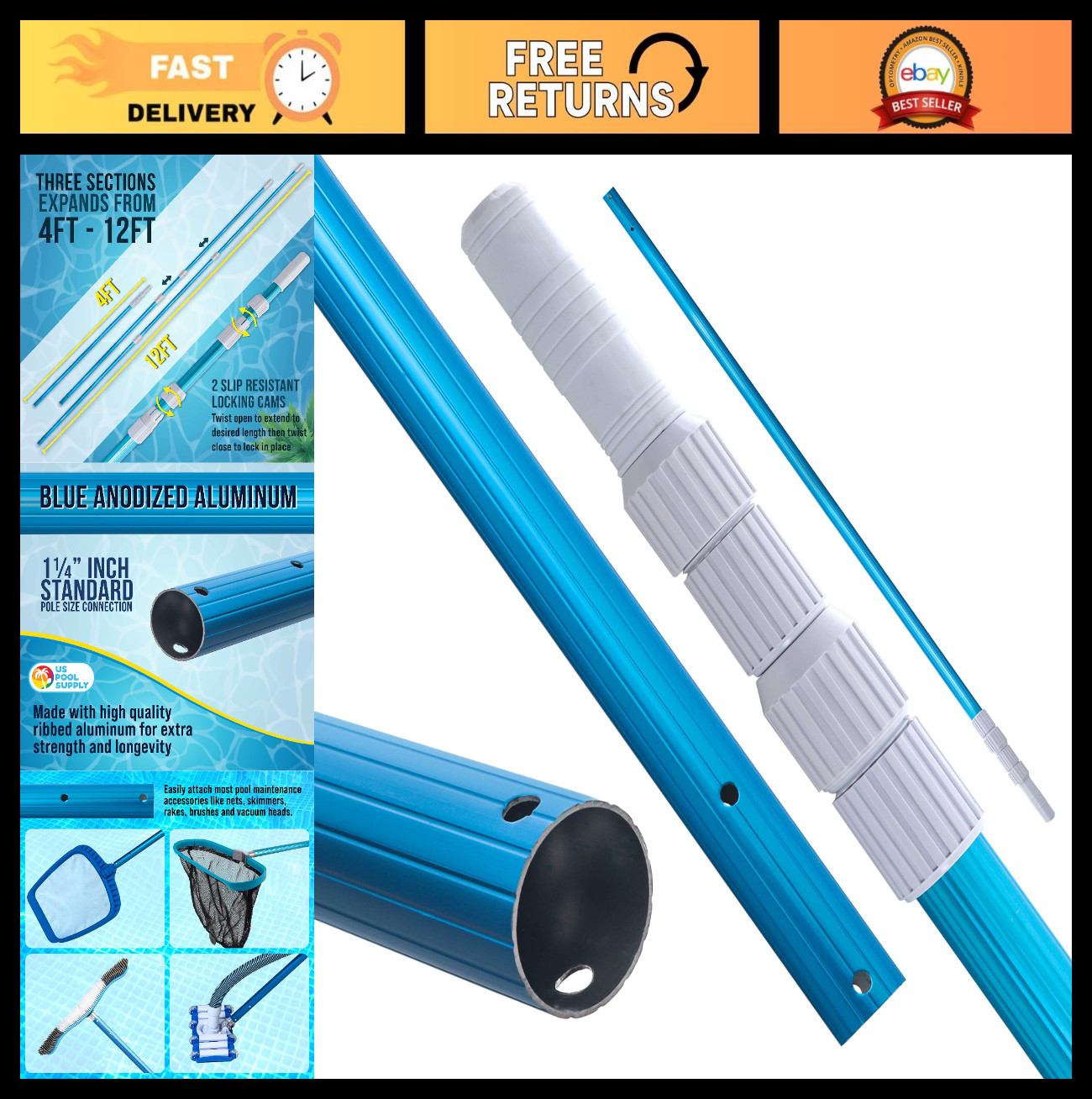 12ft Telescopic Pool Pole – Aluminum Skimmer, Rake, Brush, Vacuum Handle, 3-Piec