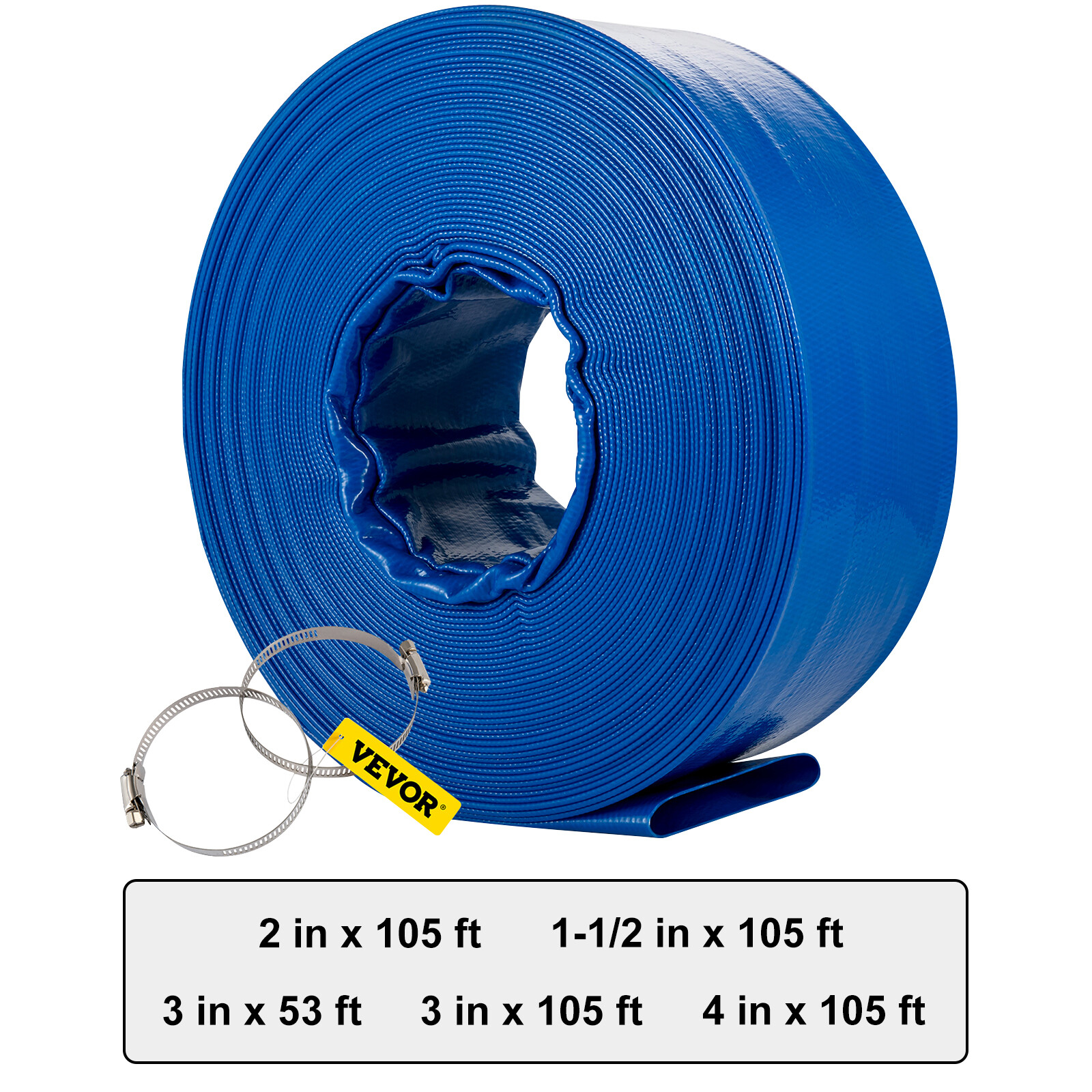 VEVOR Discharge Hose Lay Flat Hose 5 Sizes PVC Pool Backwash Drain Hose w/Clamp