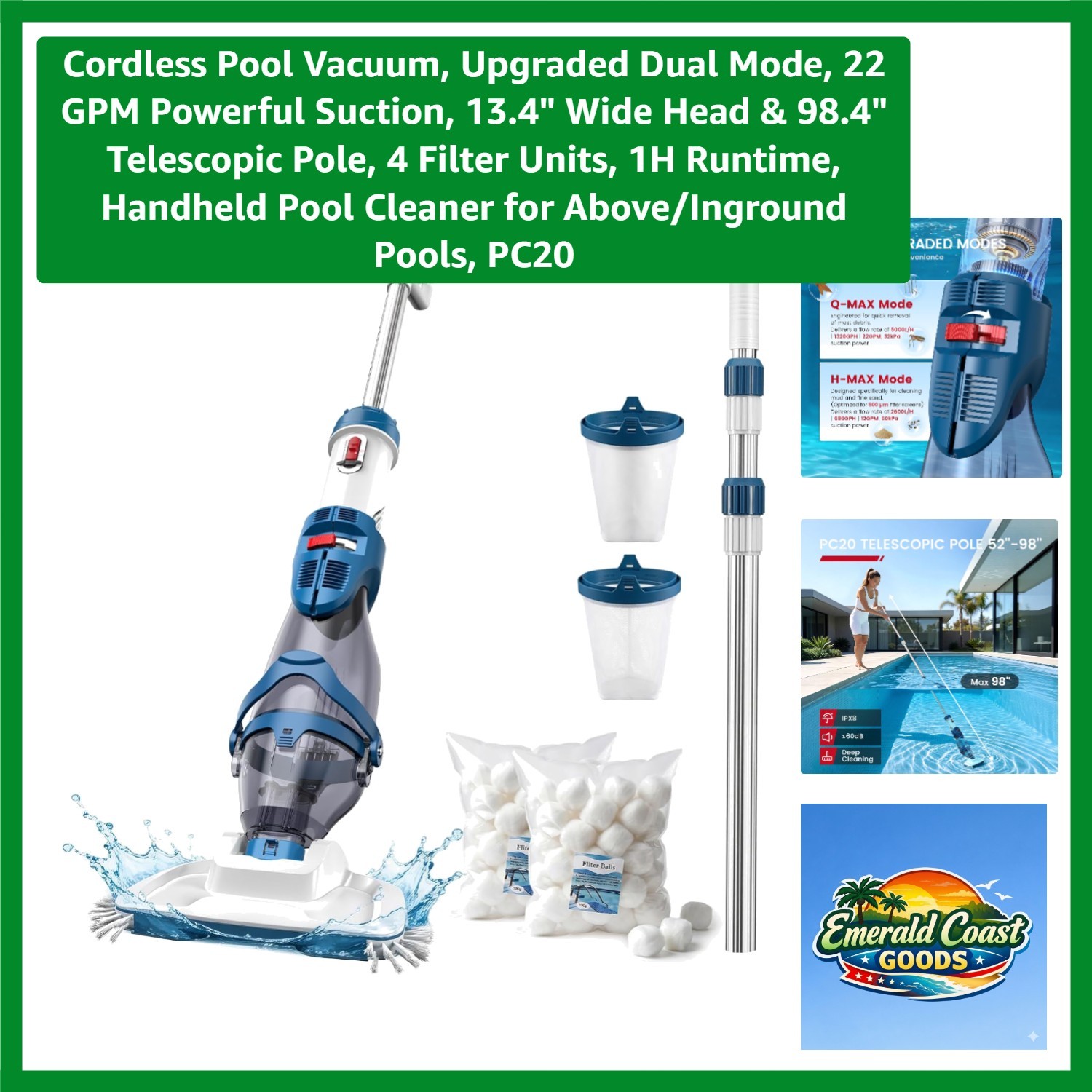 Upgraded Dual Mode Pool Cleaner – 1 Hour Runtime, 4 Filter Units, Effortless Use